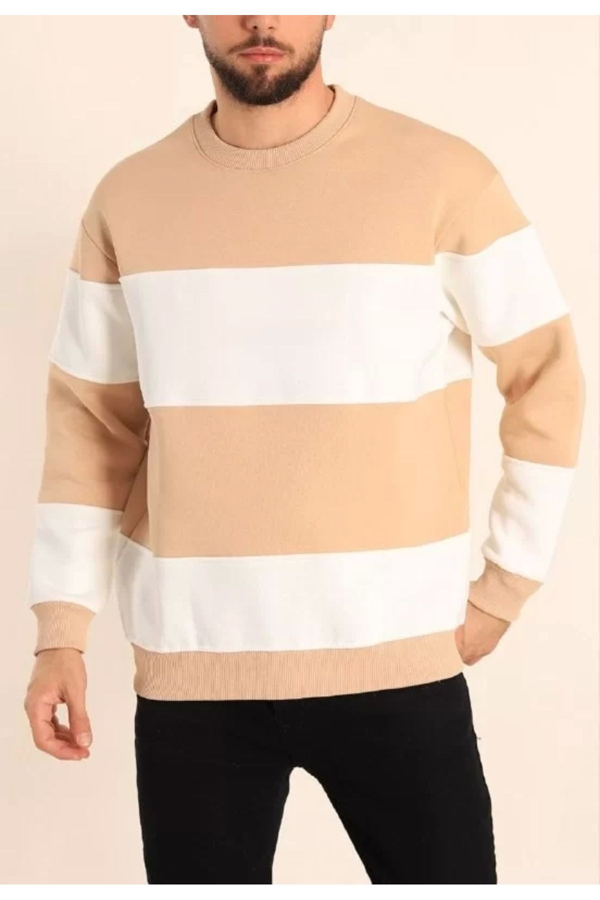 CVS Parçalı Bisiklet Yaka Baskılı SweatShirt - Bej