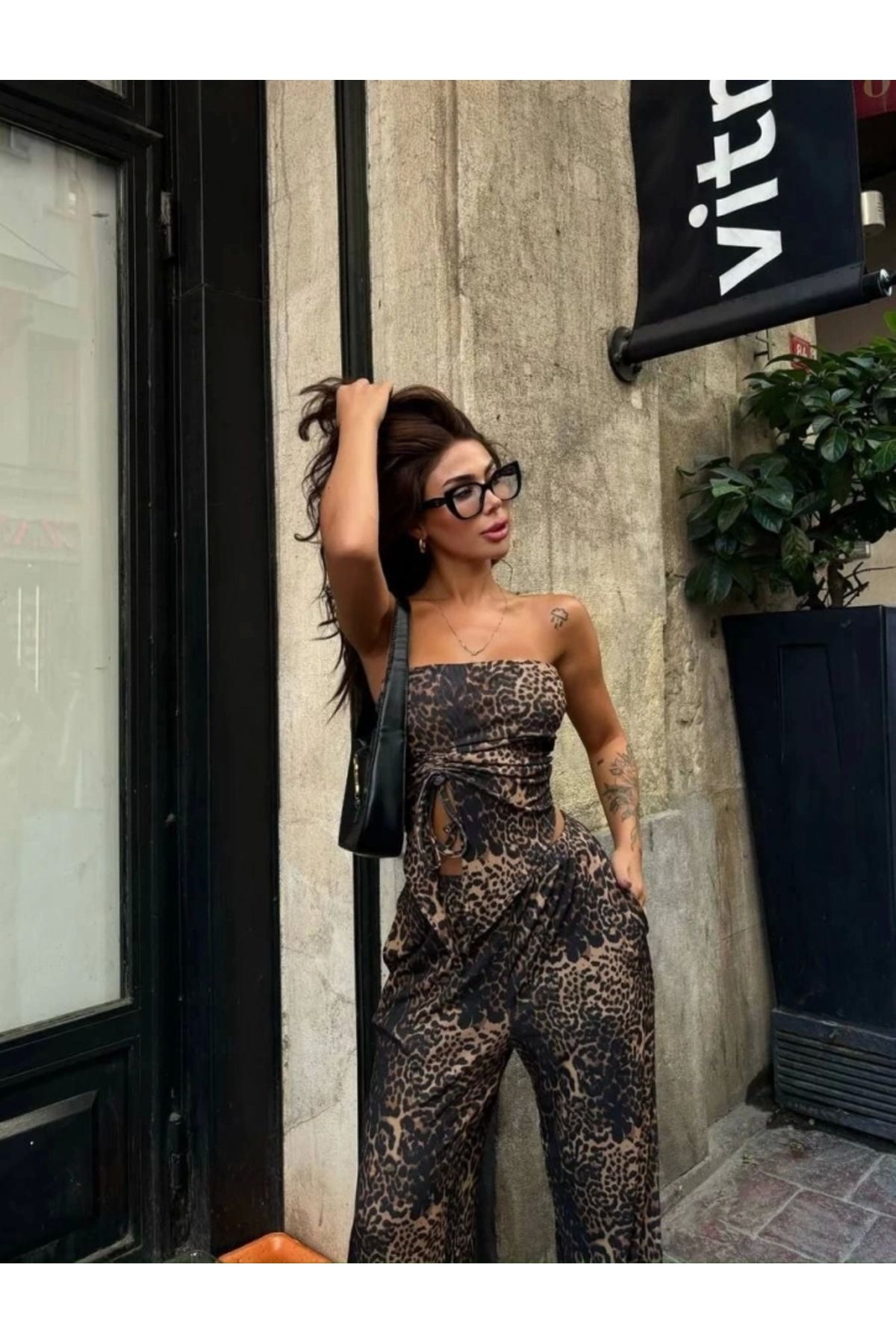 nedo7 Leopar Desenli önden Bağlamalı Bluz Pantolon İkili Takım -Leopar