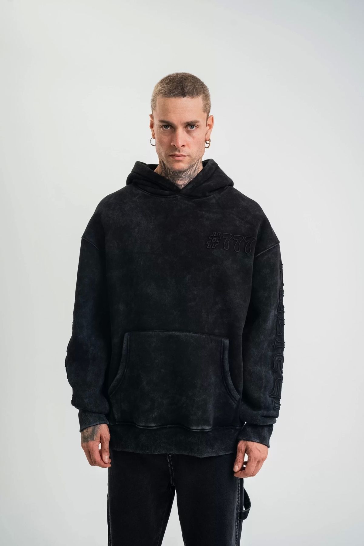 CVS Kapşonlu Double Oversize Yıkamalı Evalı Nakışlı SweatShirt - Siyah