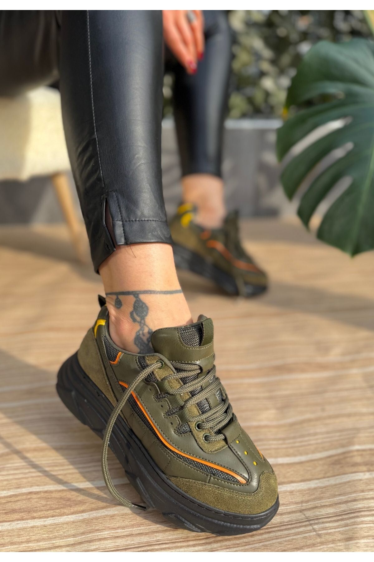 pabucmarketi Yeşil Süet Turuncu Detaylı Kadın Sneaker Ayakkabı