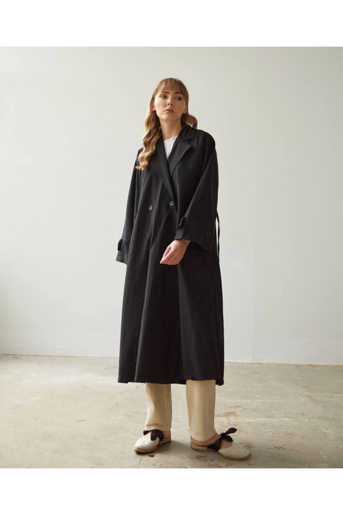 OlaLady-Women's Shirred Back Jacket Collared Trench Coat 2