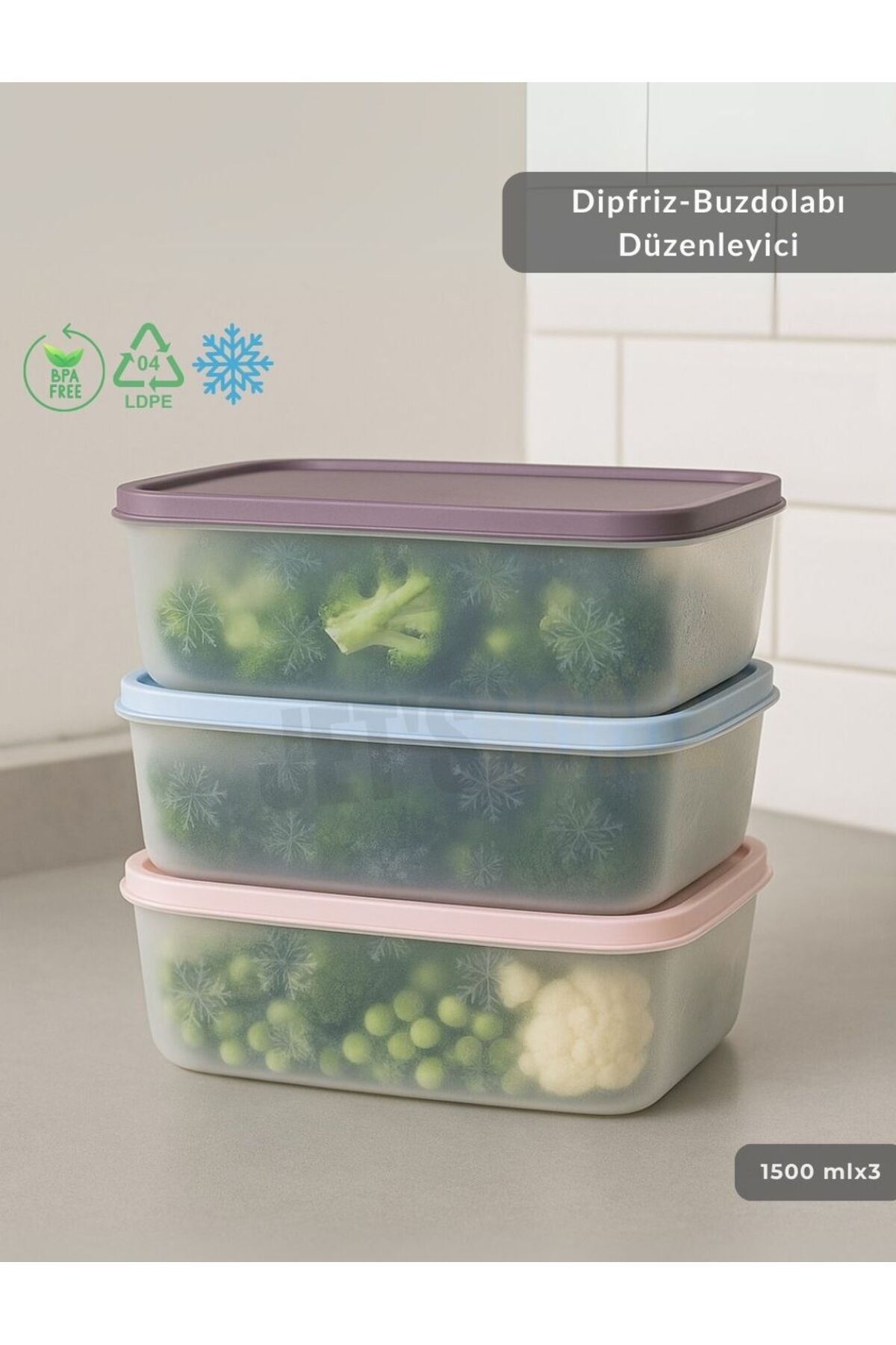 Jet's Home 3'lü Dipfriz Saklama Kabı - No Frost Silikon Kapaklı | Derin Dondurucu Düzenleyici BPA Free1500 ml
