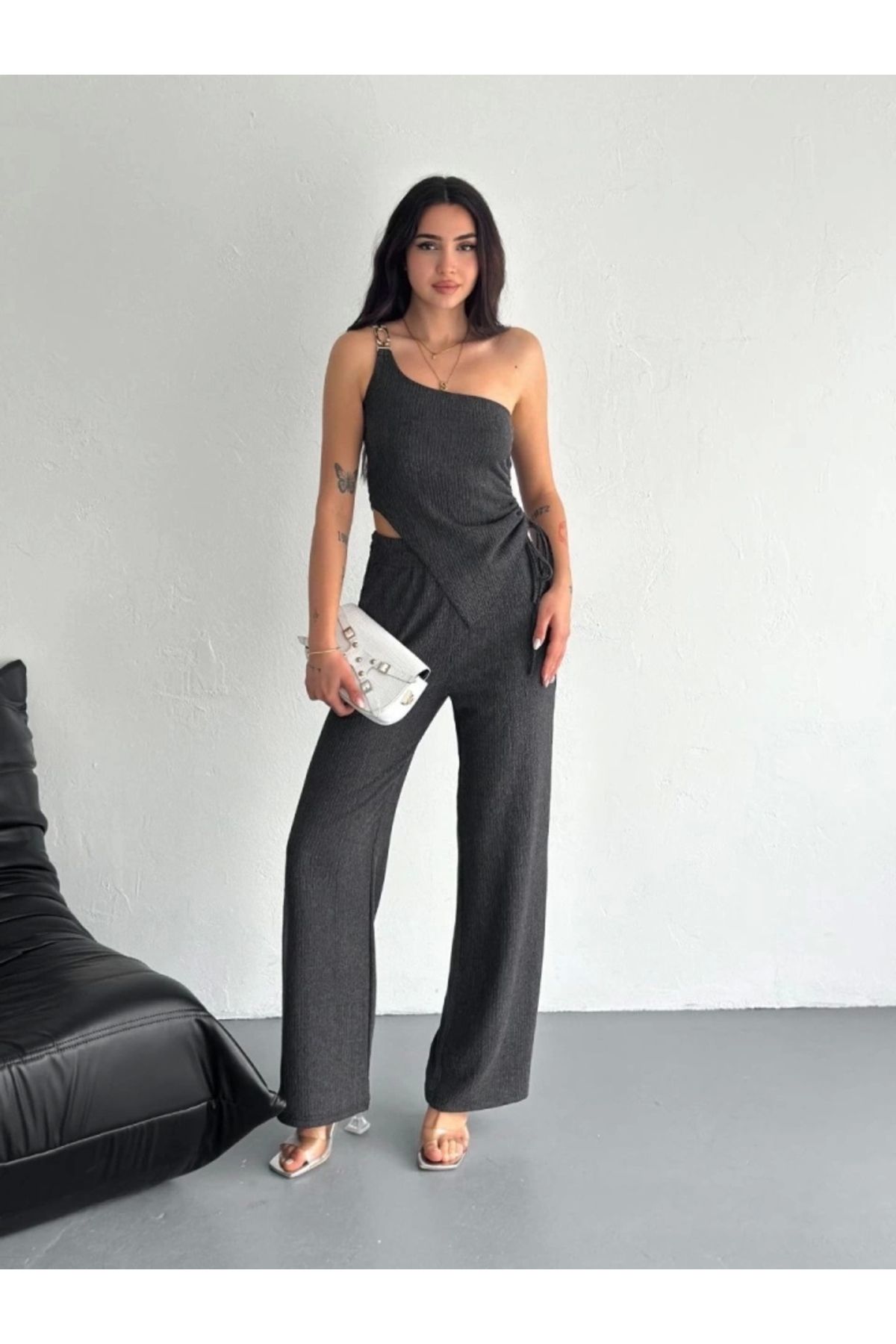 nedo7 Asimetrik Crop Pantalon Ikili Takım - Füme
