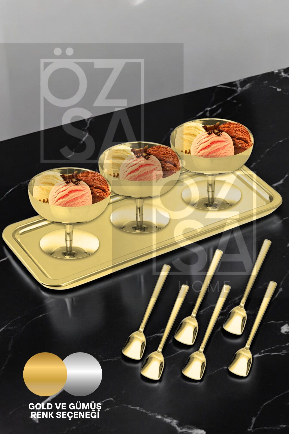 ÖzSa Home-6-Person Gold Ice Cream Server Presentation Set Footed Ice Cream Dessert Bowl 2 Tray Ice Cream Spoon Set 2