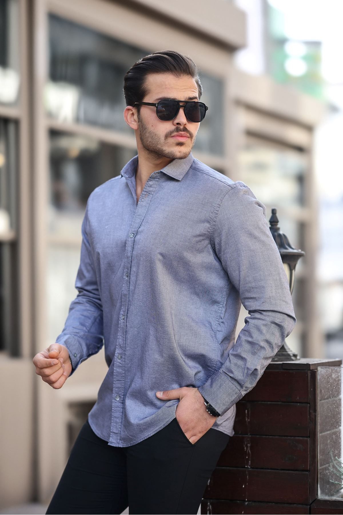 Shop58 Erkek Büyük Beden Pamuk Şamre Kumaş Cepsiz Mavi Renk Gömlek