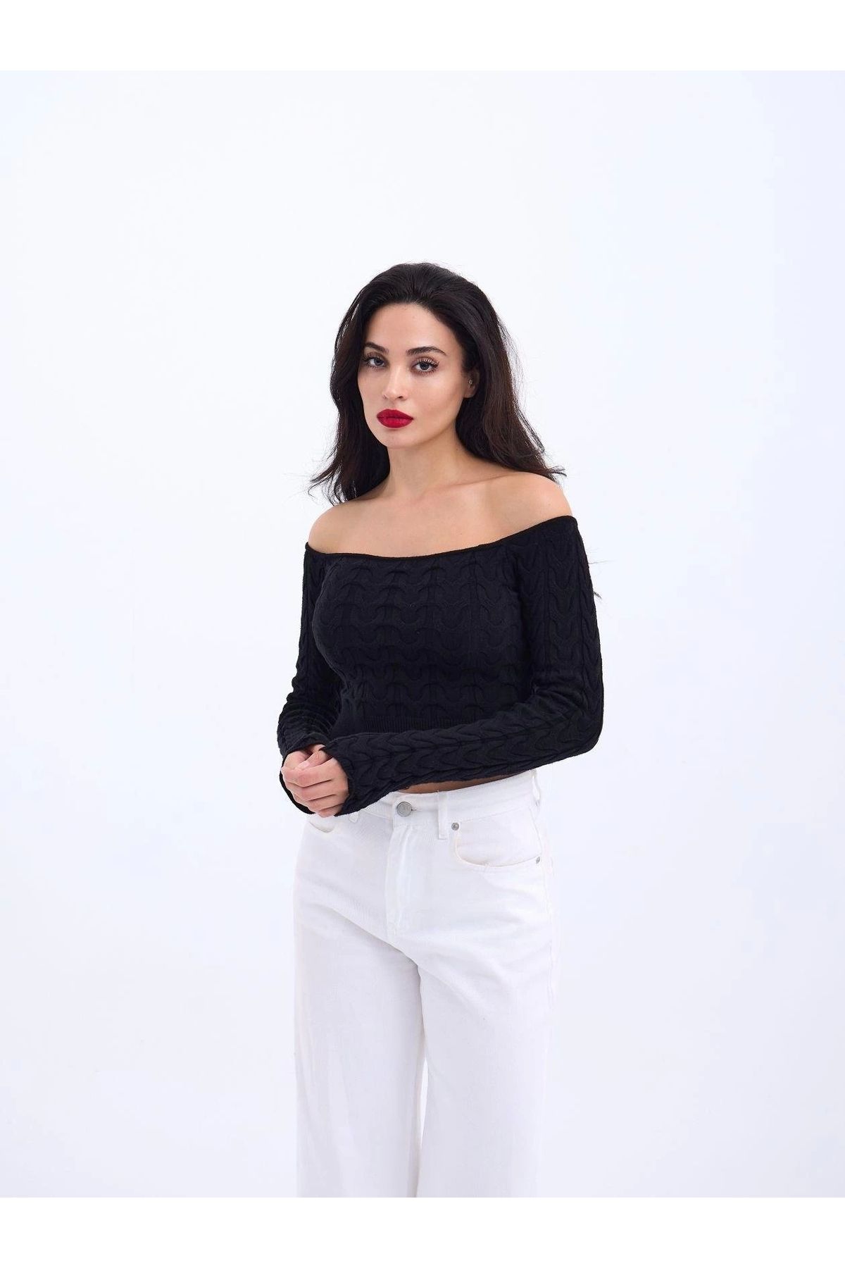 nedo7 42241 TRİKO KAYIK YAKA CROP-SİYAH