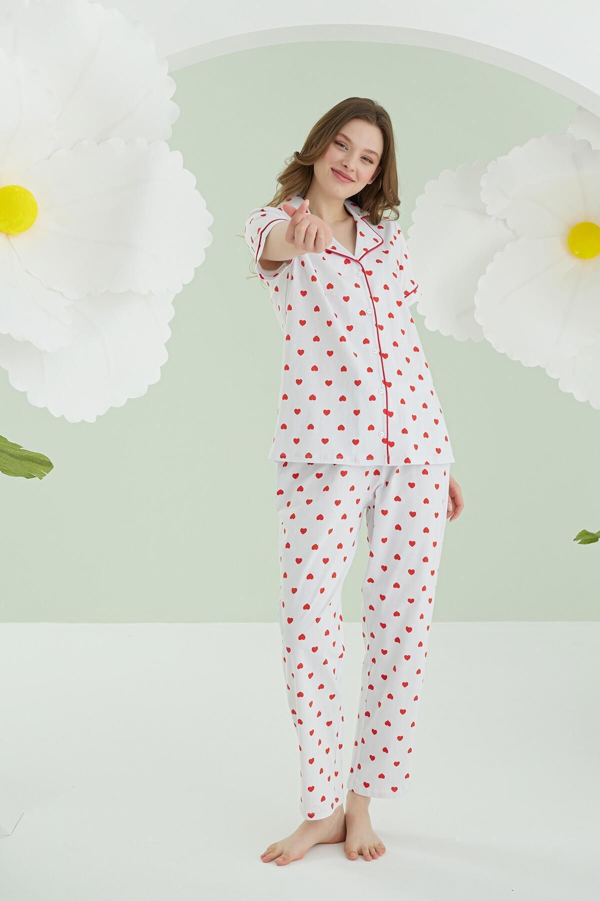 NBB %100 Pamuklu Kadın Ekru Kalpli Önden Düğmeli Pijama Takım