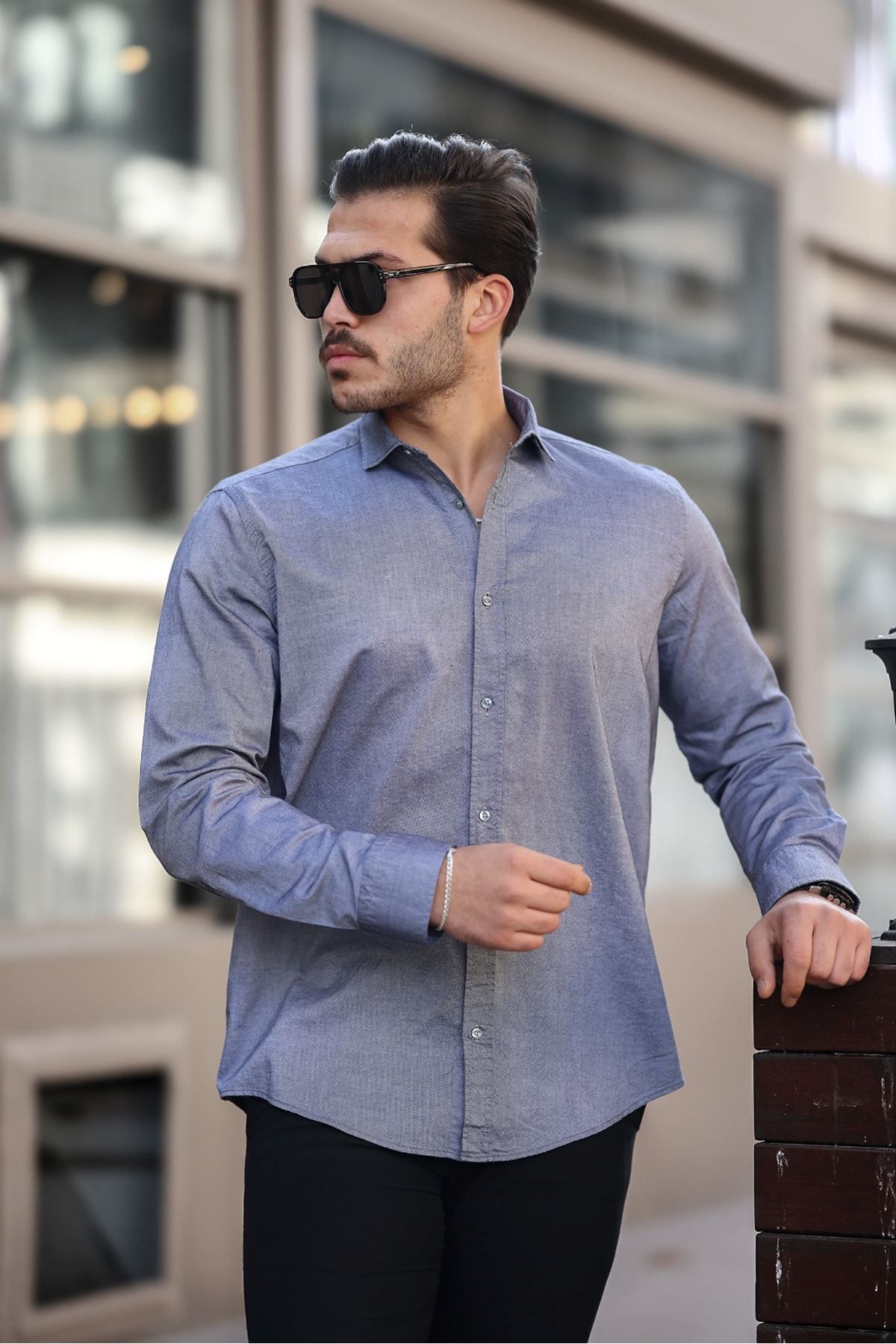 Shop58 Erkek Büyük Beden Pamuk Şamre Kumaş Cepsiz Gri Renk Gömlek