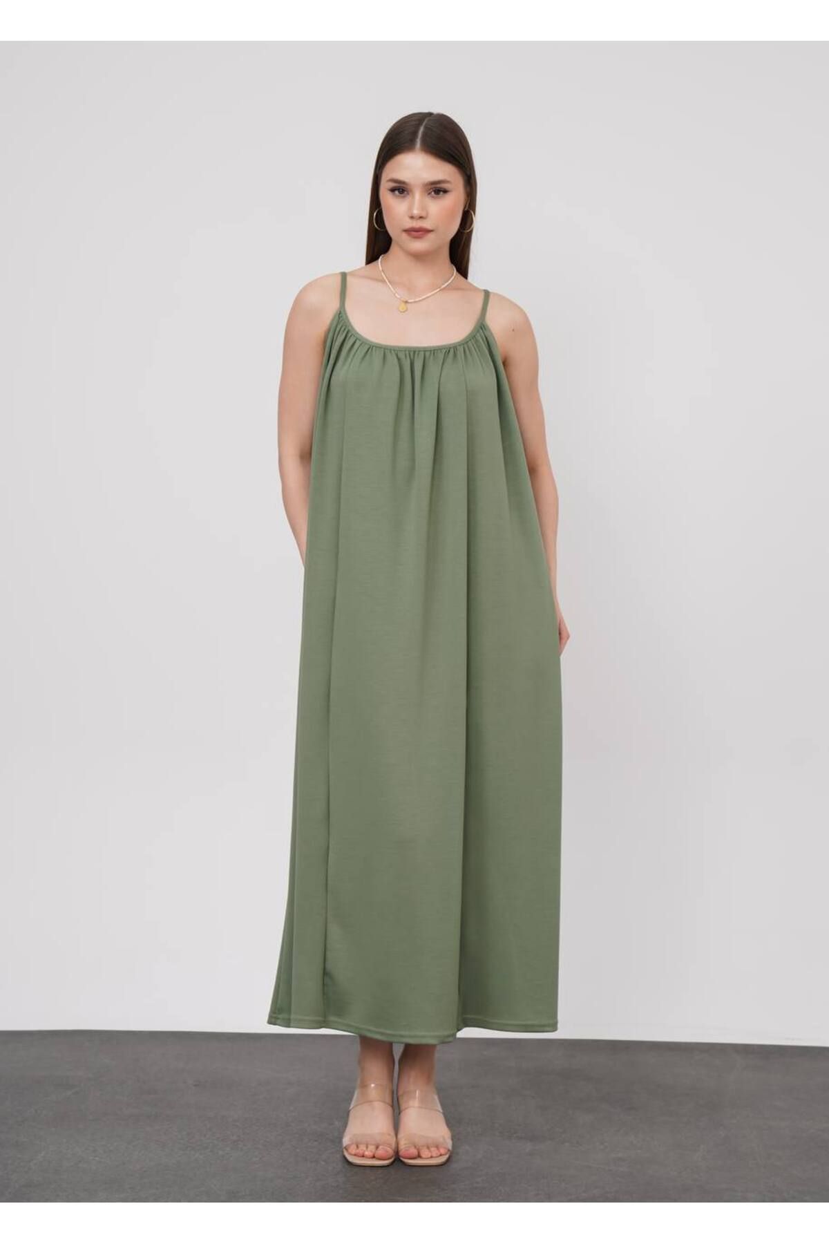stilsepeti Kadın Haki Askılı Cepli Oversize Yazlık Maxi Elbise TL-1000741023