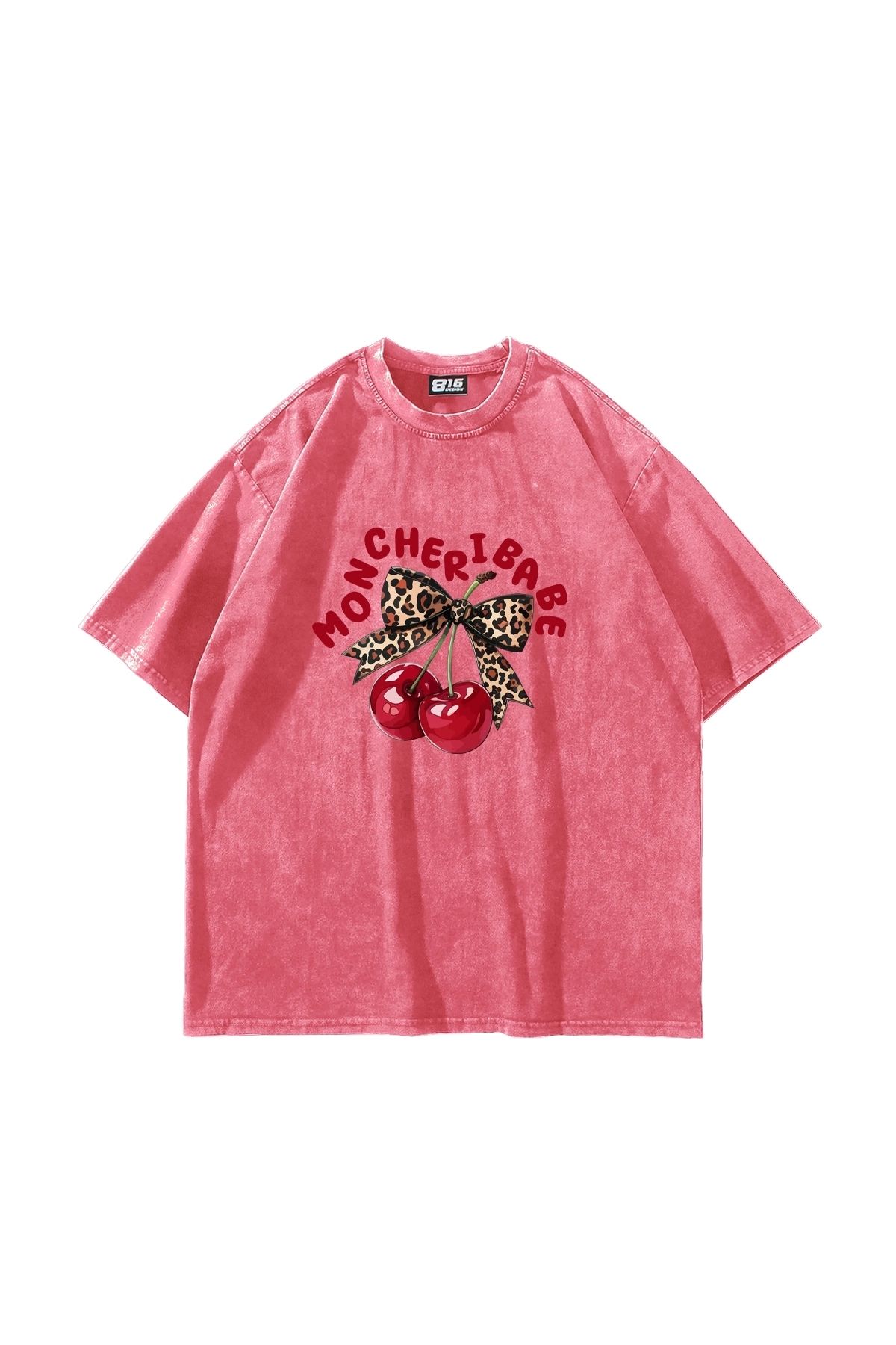 Sekizbiraltı Mon Cherie Baskılı Oversize Unisex Yıkamalı Pembe Tshirt