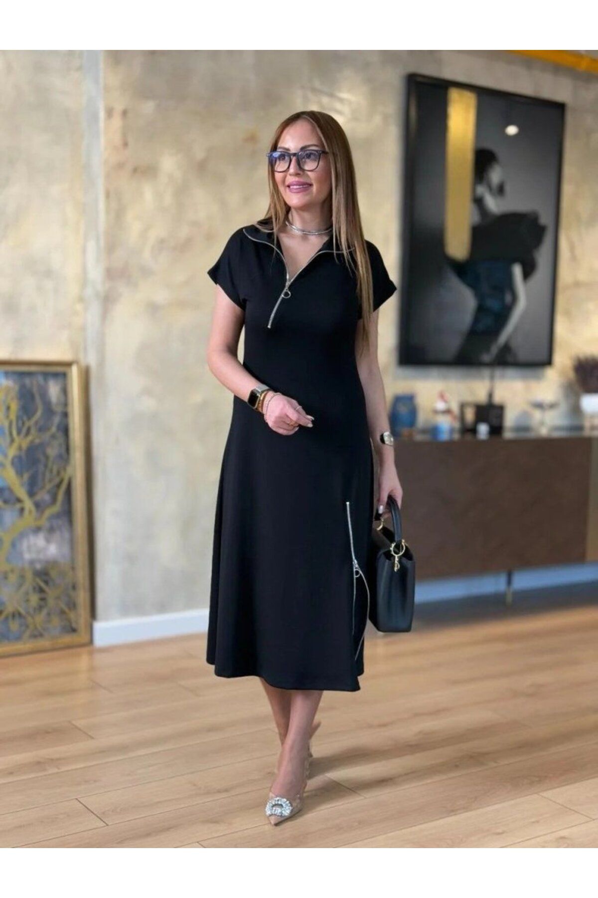velmorafashion Kadın Kısa Kollu Yakadan Ve Etekten Fermuarlı Midi Viskon Iki Iplik Elbise