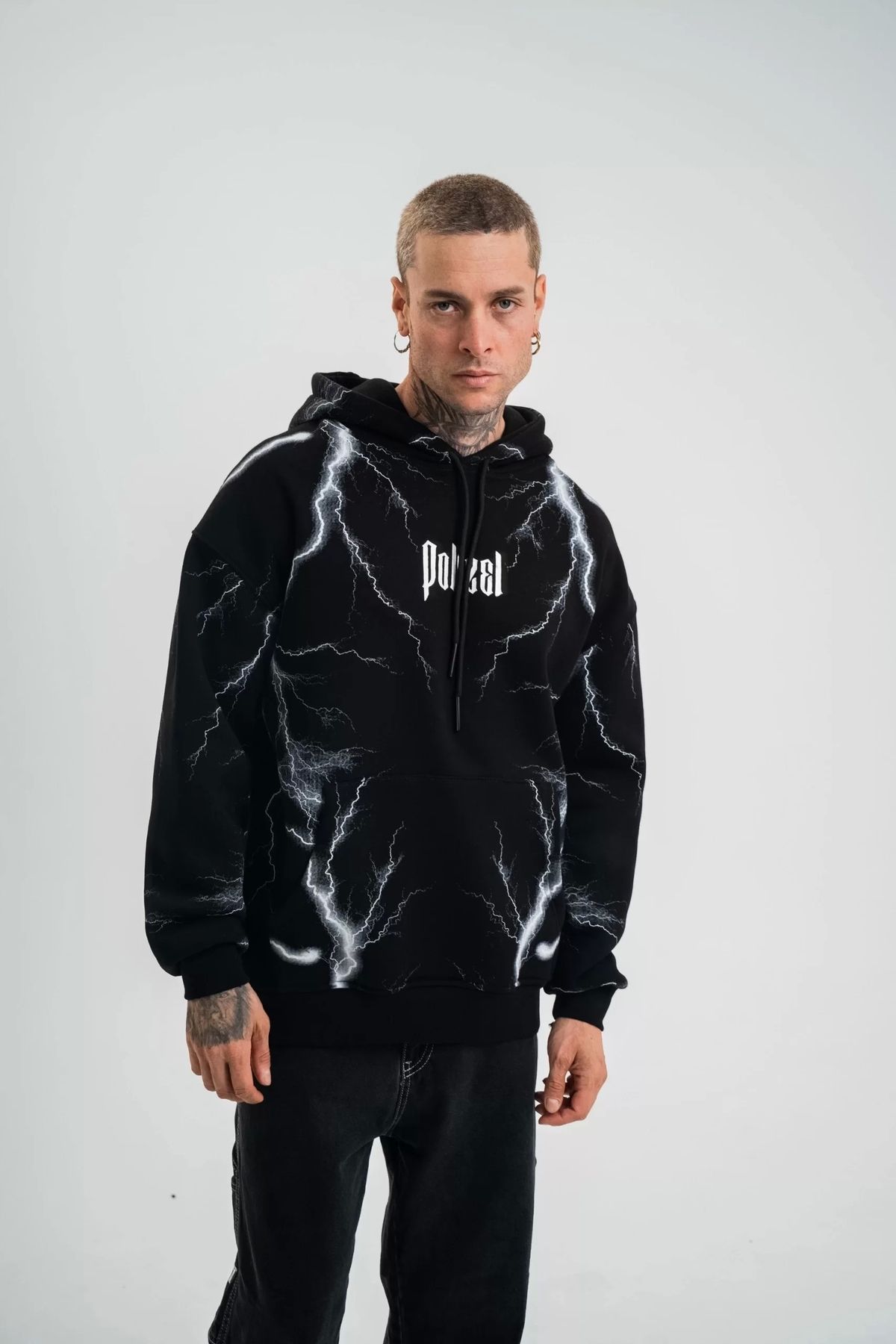 CVS Double Oversize Kapşonlu Şimşek Pano Baskılı SweatShirt - Siyah