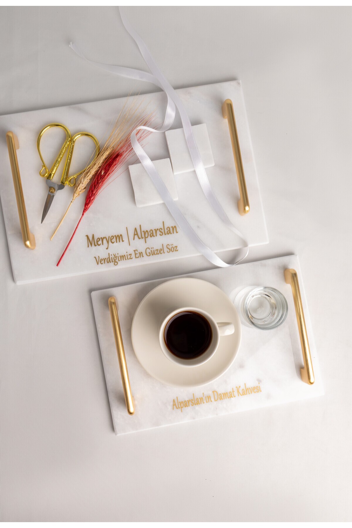 MERALP Söz Tepsisi ,kişiye Özel 2'li Nişan Tepsisi ( ) Damat Kahvesi Tepsisi ,altın Lüx Metal Profil Kulp