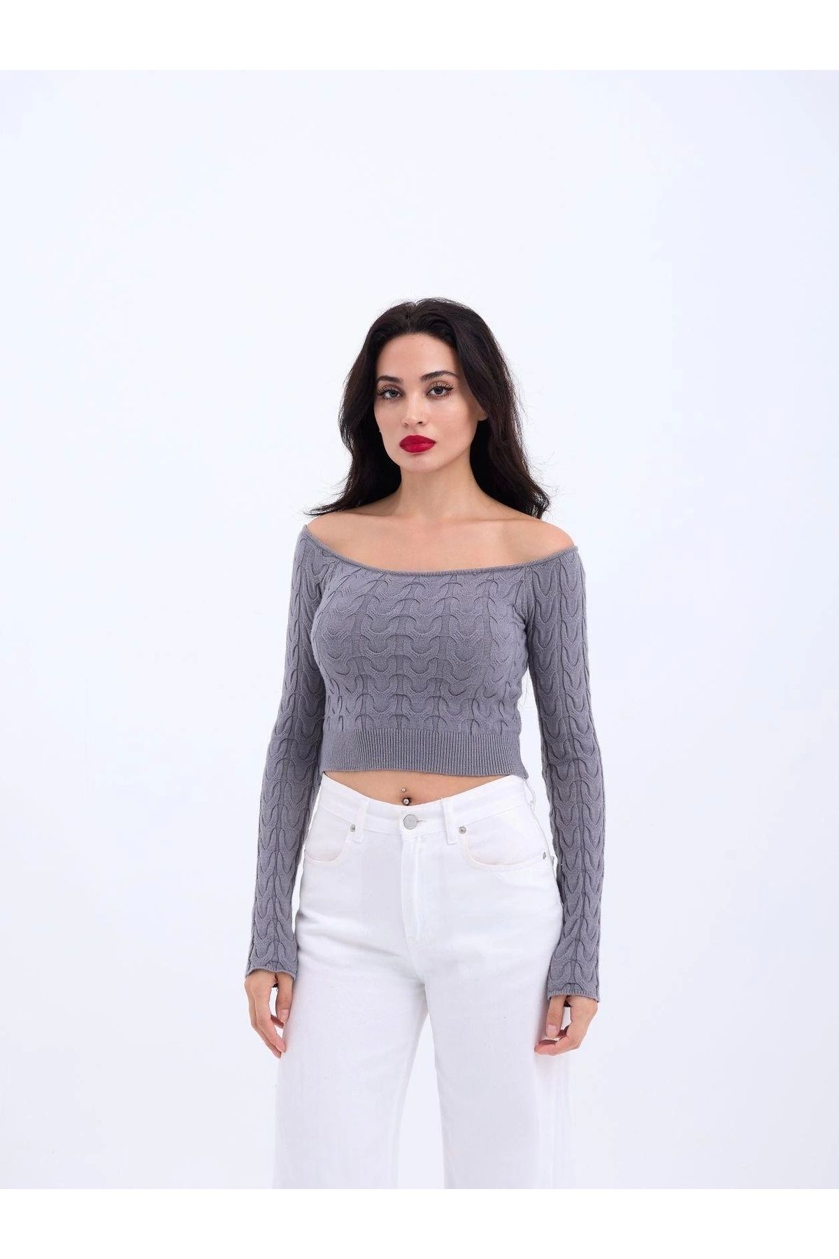 nedo7 42241 TRİKO KAYIK YAKA CROP-GRİ