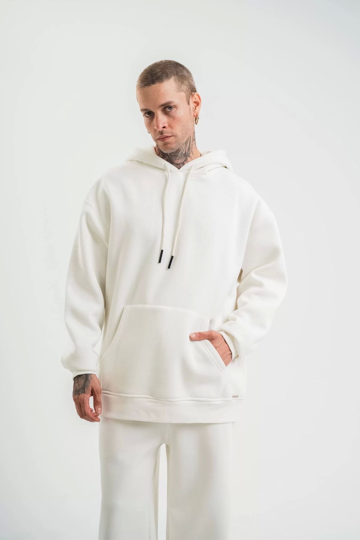 CVS Unisex Double Oversize Kapşonlu Basic SweatShirt - Beyaz