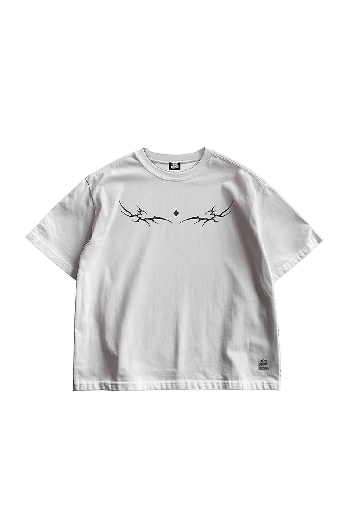 TresMonos Ultropia Insane Baskılı Oversize Kısa Kesim Pamuklu Salaş Unisex Beyaz Tişört