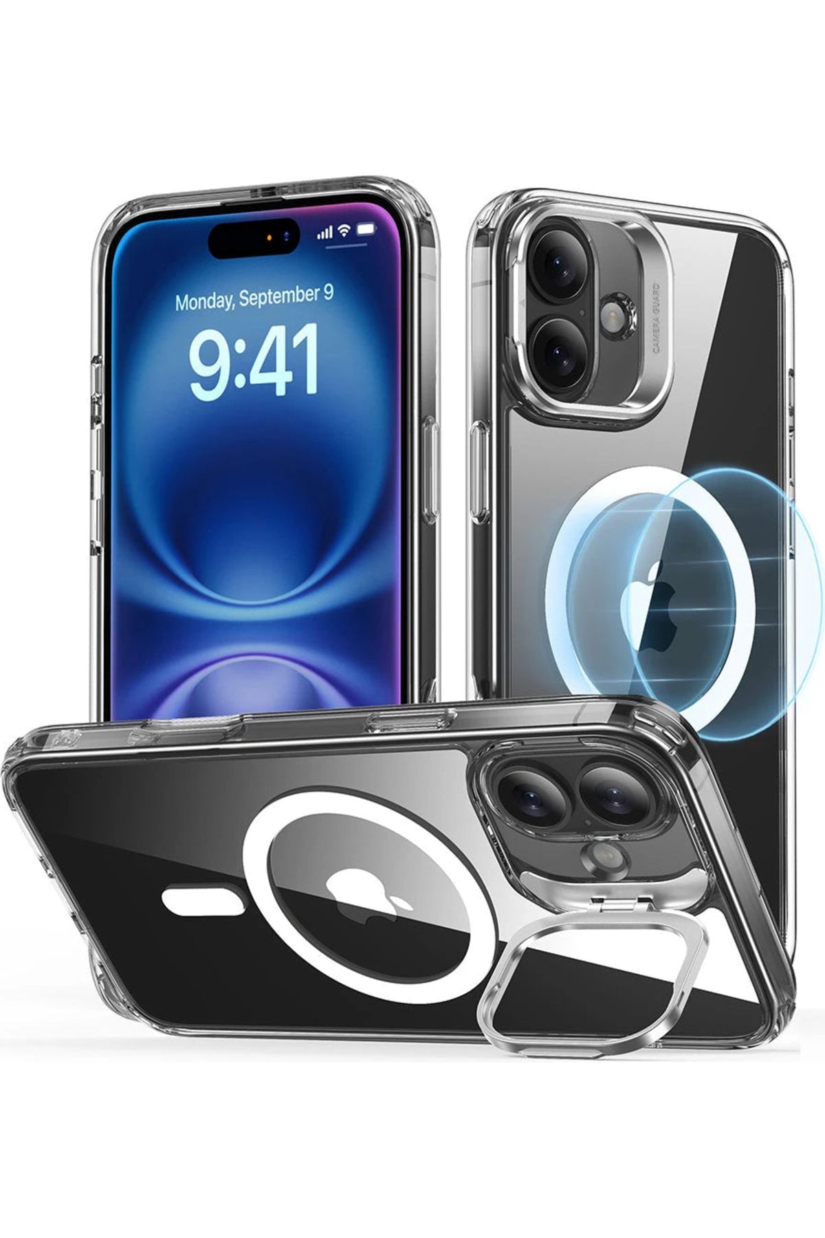 ESR iPhone 16 Uyumlu Kılıf + Ekran Koruyucu Set Halolock Magsafe Classic Hybrid Stantlı Silikon - Şeffaf