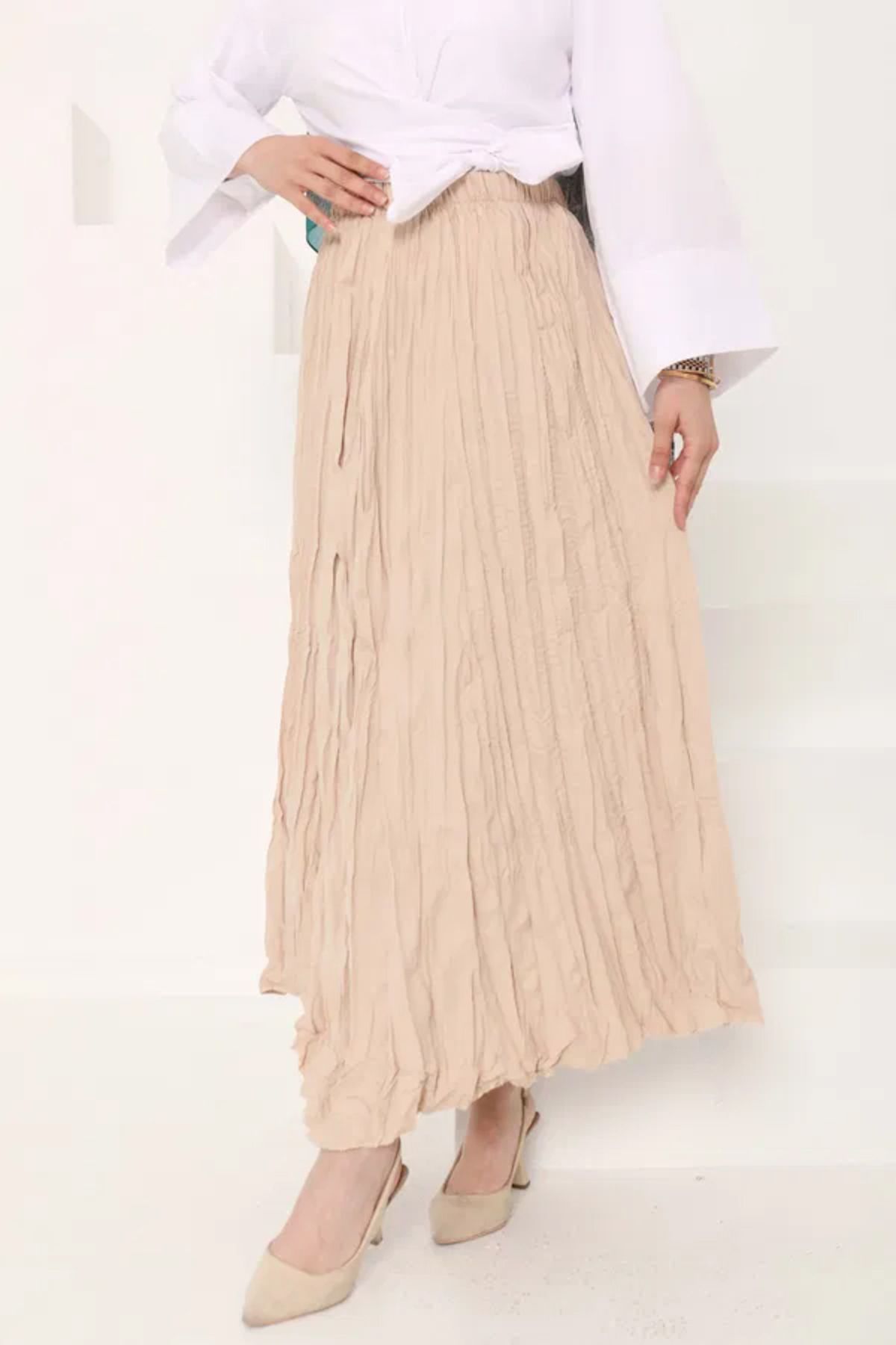 Butik Beli Lastikli Kırışık Etek - 27013