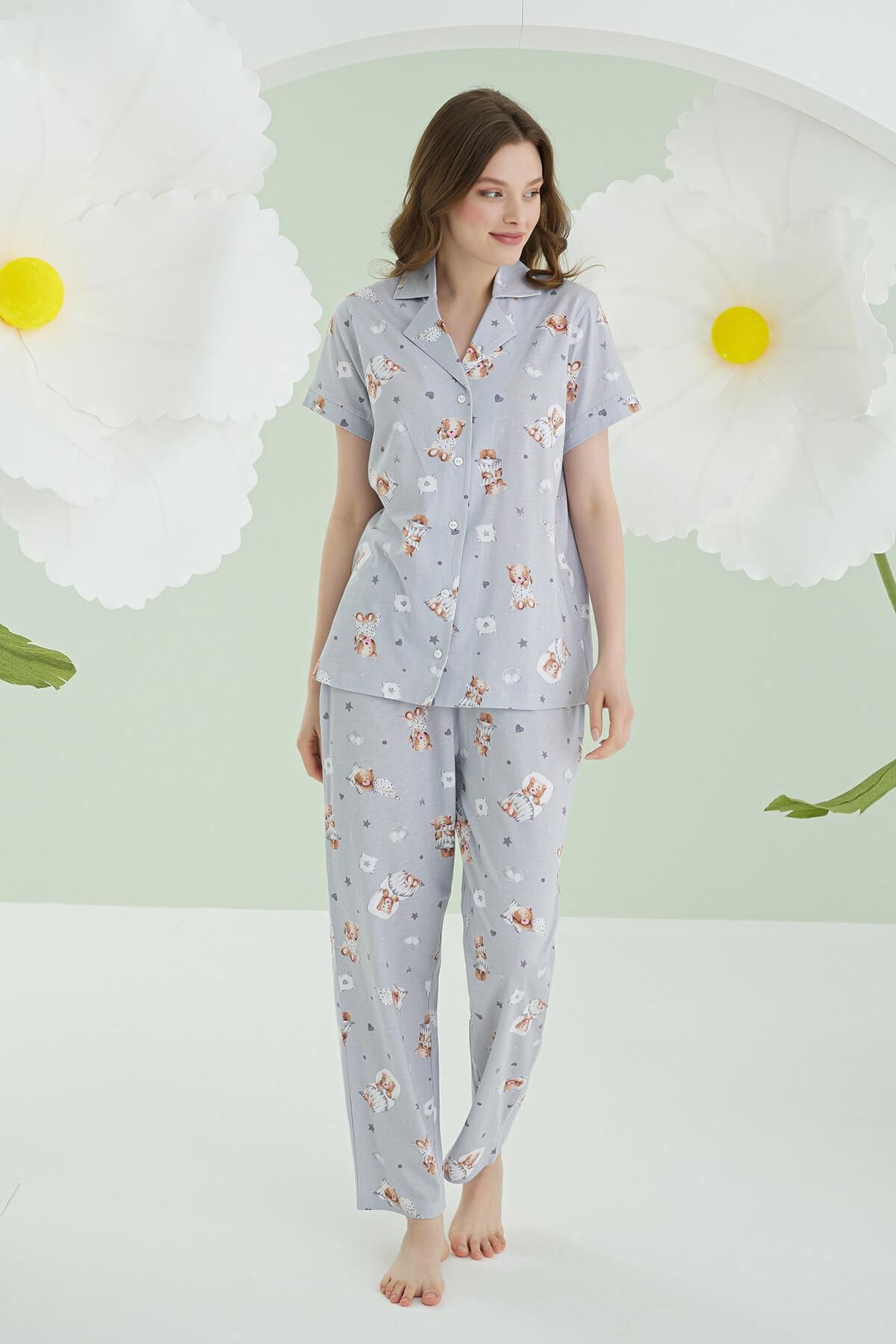 NBB %100 Pamuklu Kadın Gri Star Önden Düğmeli Pijama Takımı
