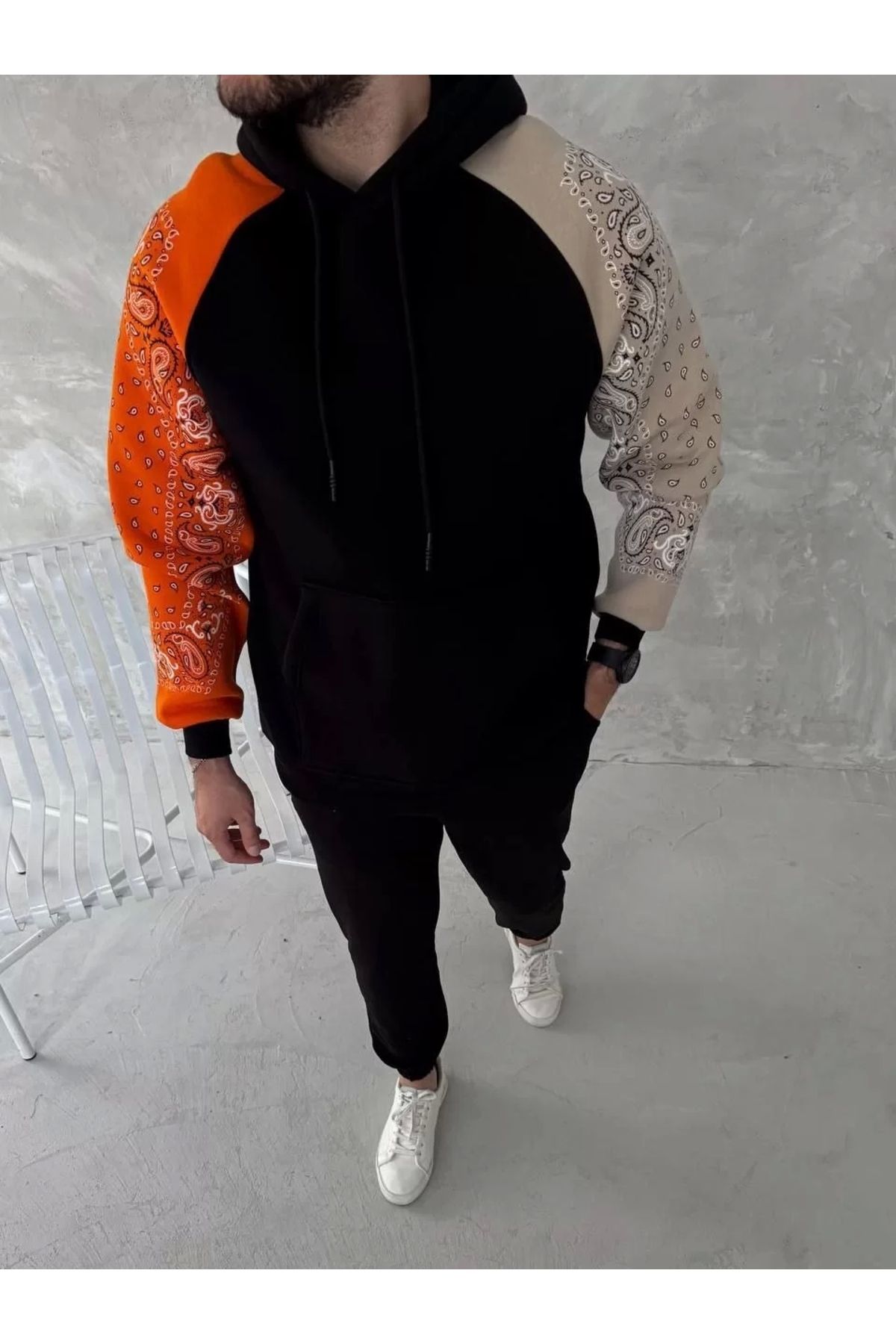 CVS Üç İplik Penye Kapşonlu Parçalı SweatShirt - Siyah