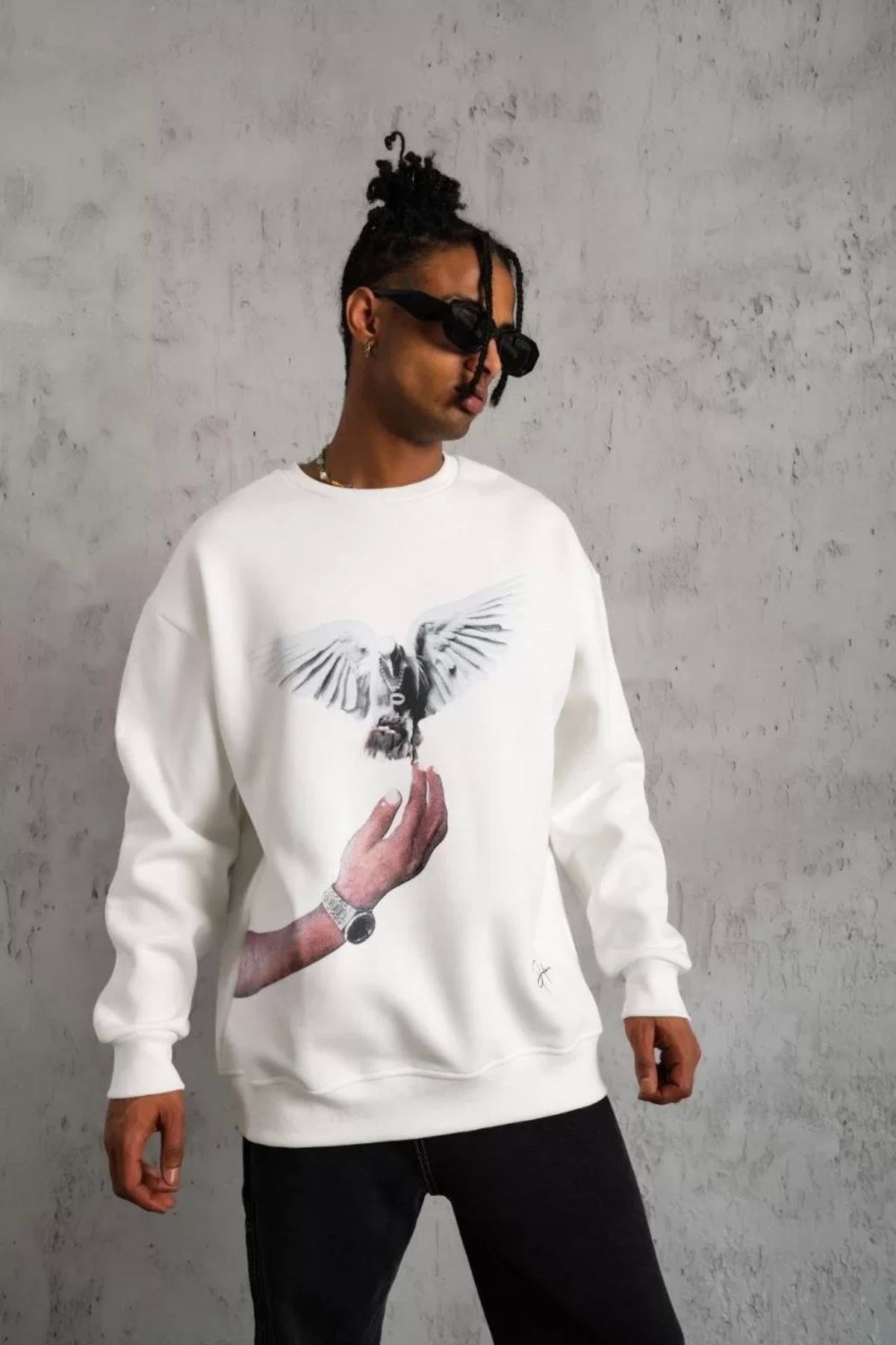 CVS Erkek Güvercin Baskılı Sweatshirt - Beyaz