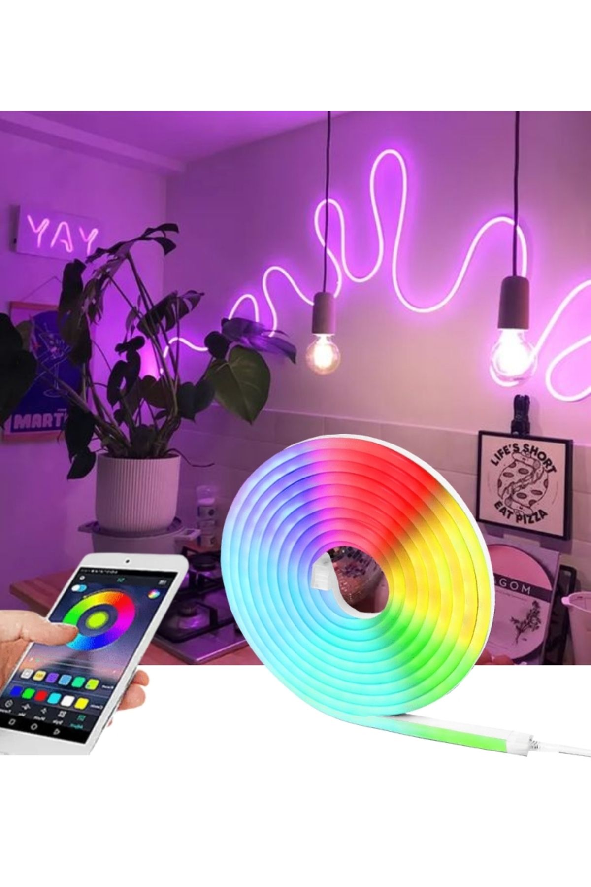 burul SB-6507 5 Metre 256 Renk Bluetooth Kontrol Renk Değiştiren RGB Neon Led Şerit Işık Seti