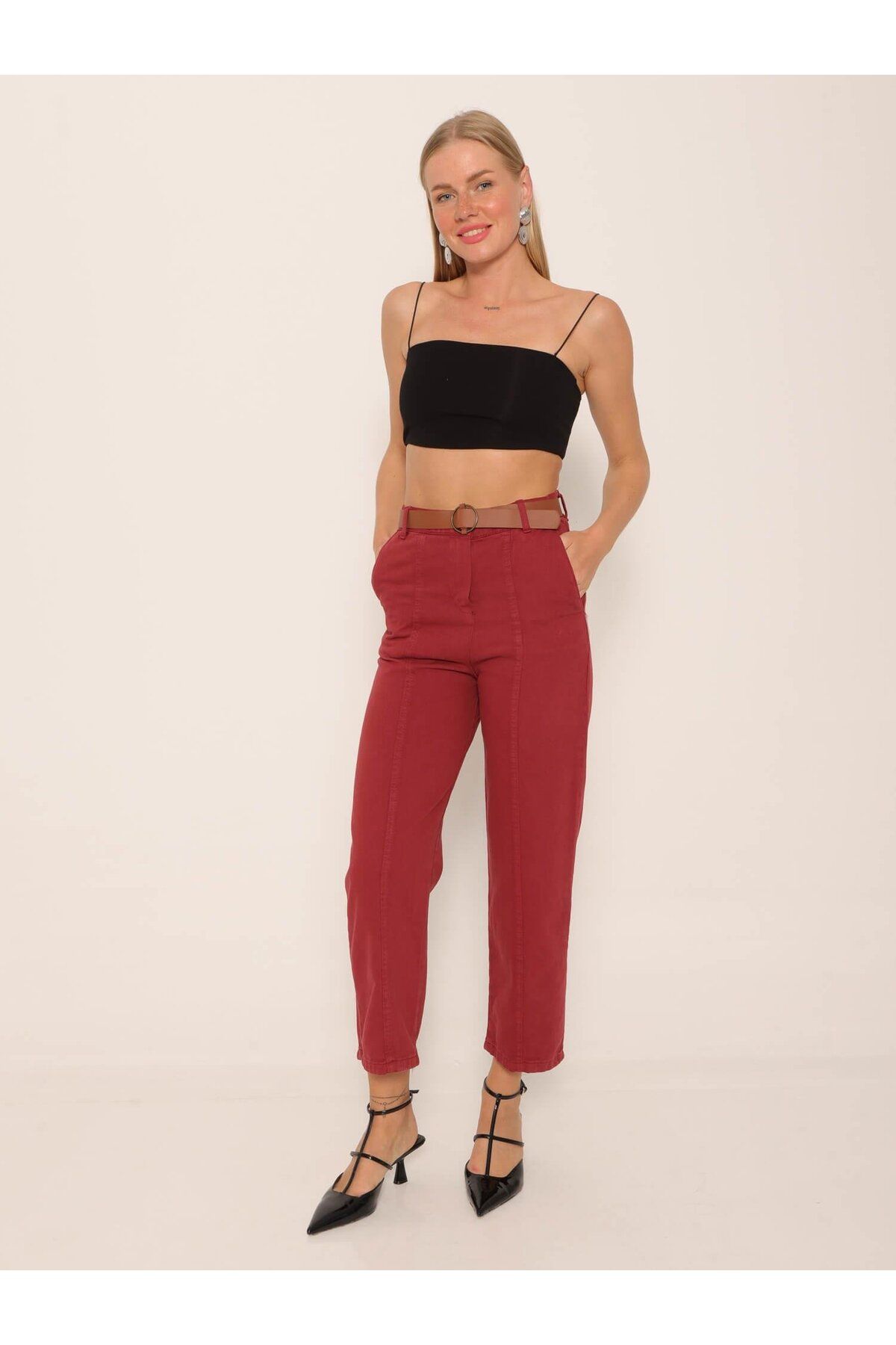 Coral Kemerli Dikiş Detaylı Pantolon Bordo