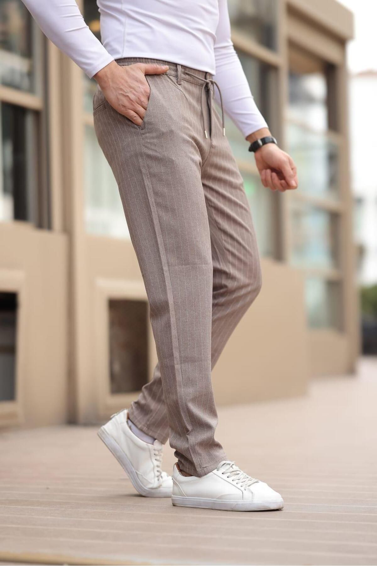 Afri Çizgili Kumaş Vizon Jogger Pantolon