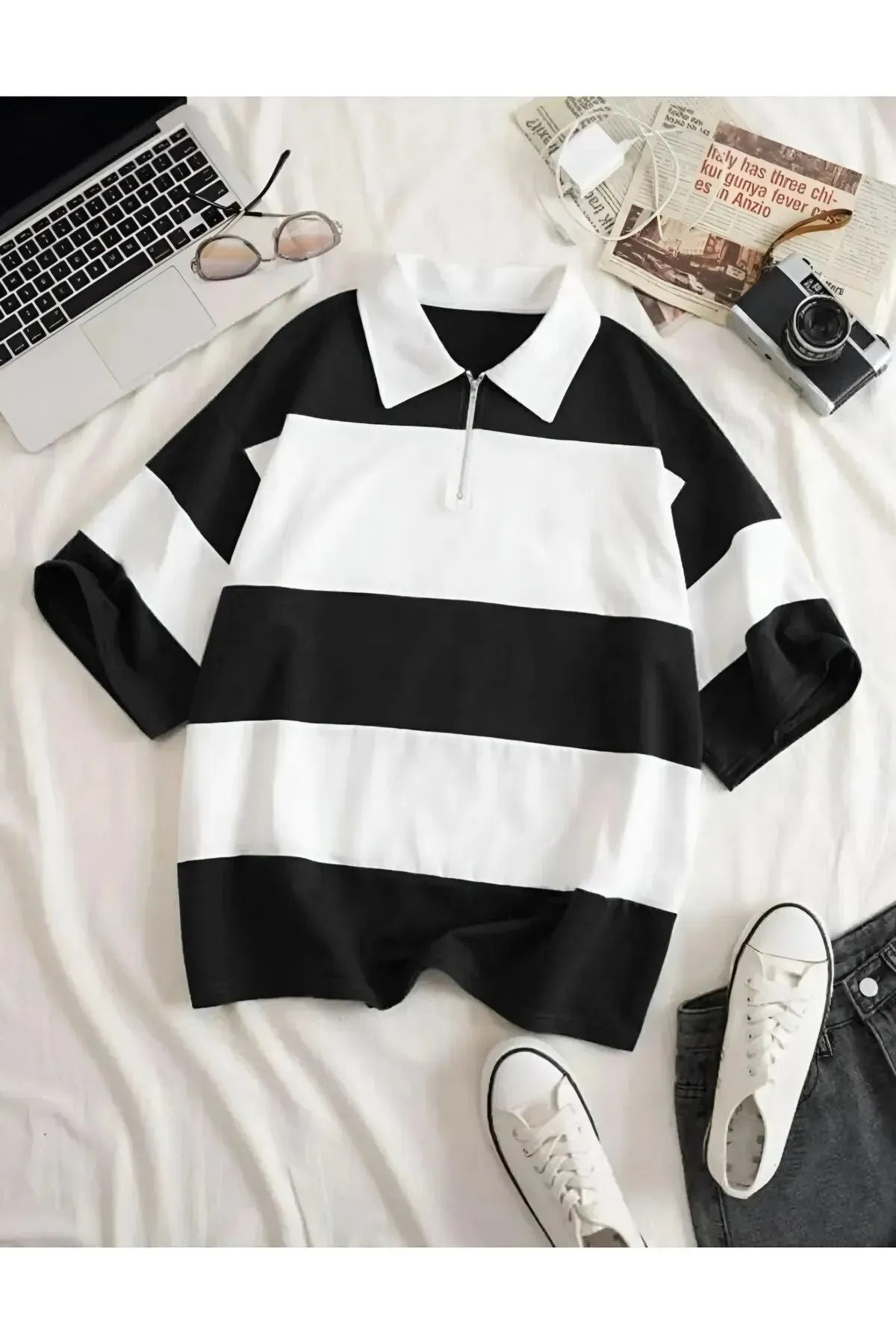 warn Unisex Polo Yaka Fermuarlı Parçalı Polo Tişört-Siyah Beyaz Oversize Polo Tişört