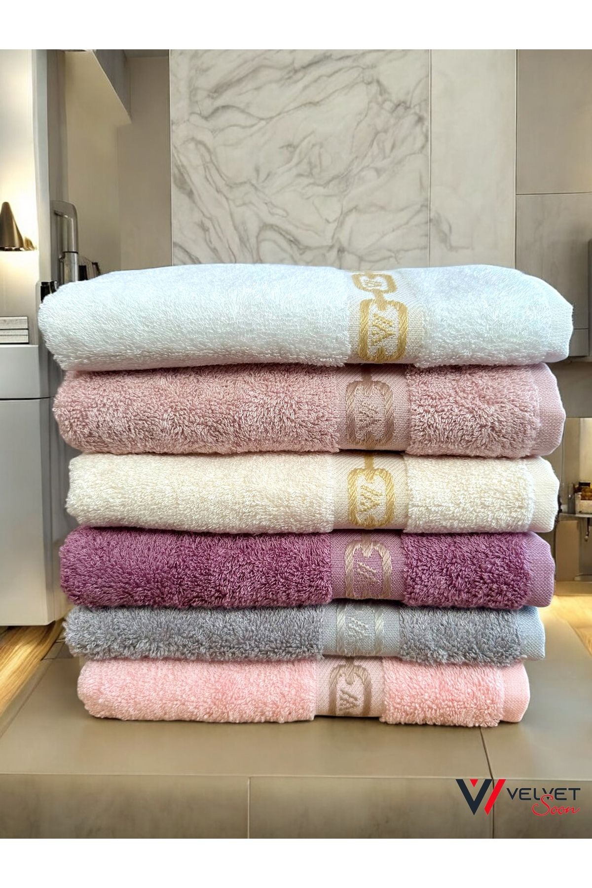 Velvet Soon Bambu 6'lı Set Zincir Desen 50x90 El Ve Yüz Havlusu