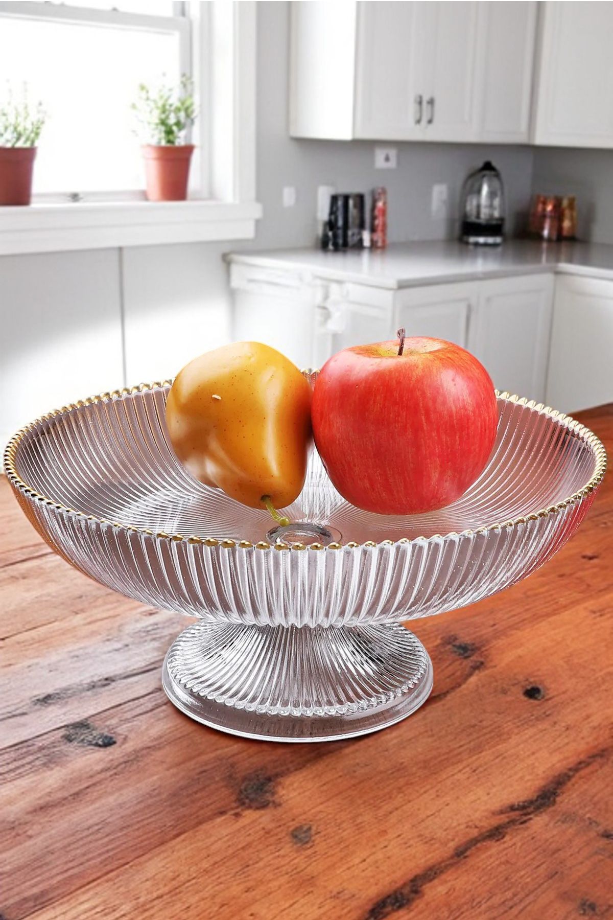 Home Royal Ayaklı Yaldız Detaylı Cam Salata Meyve Kasesi Sunum Tabağı 24 cm