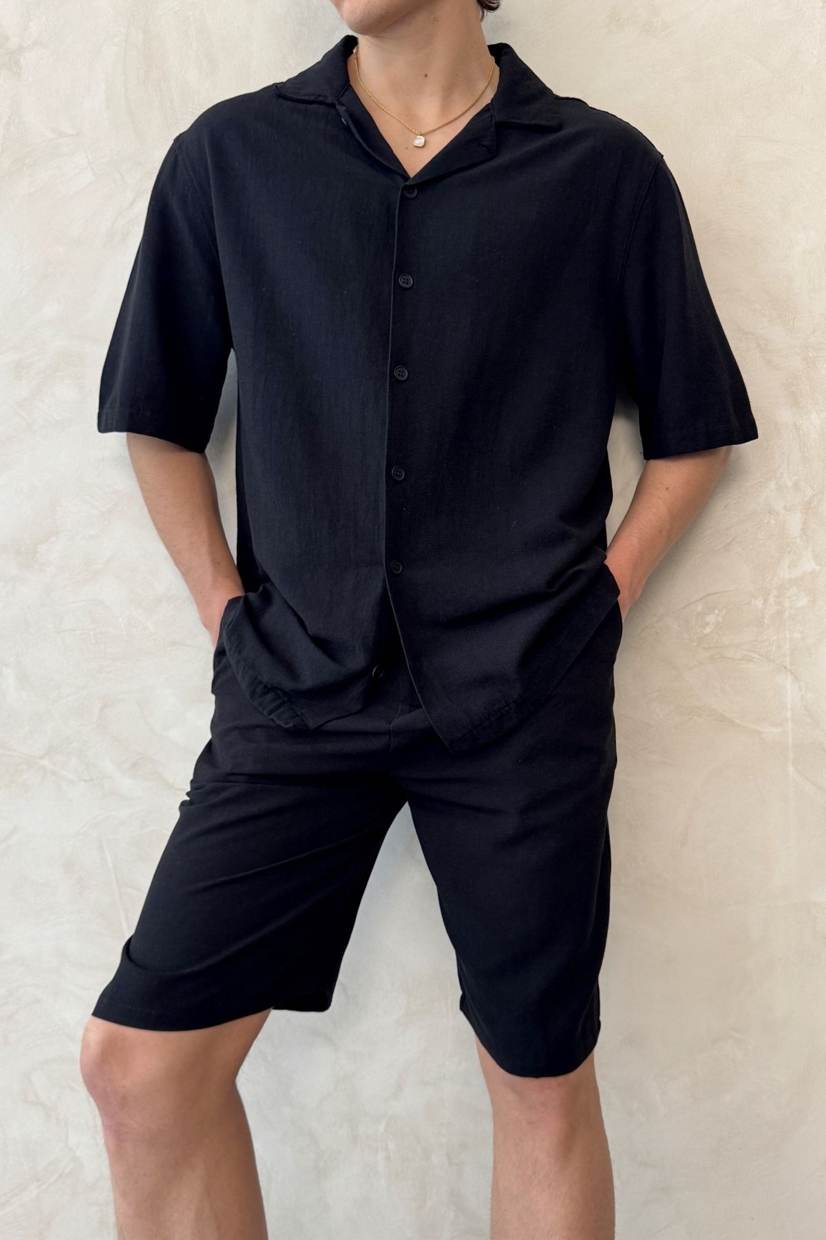 HYMAN-Men's Oversize Linen Shirt Shorts Set 3