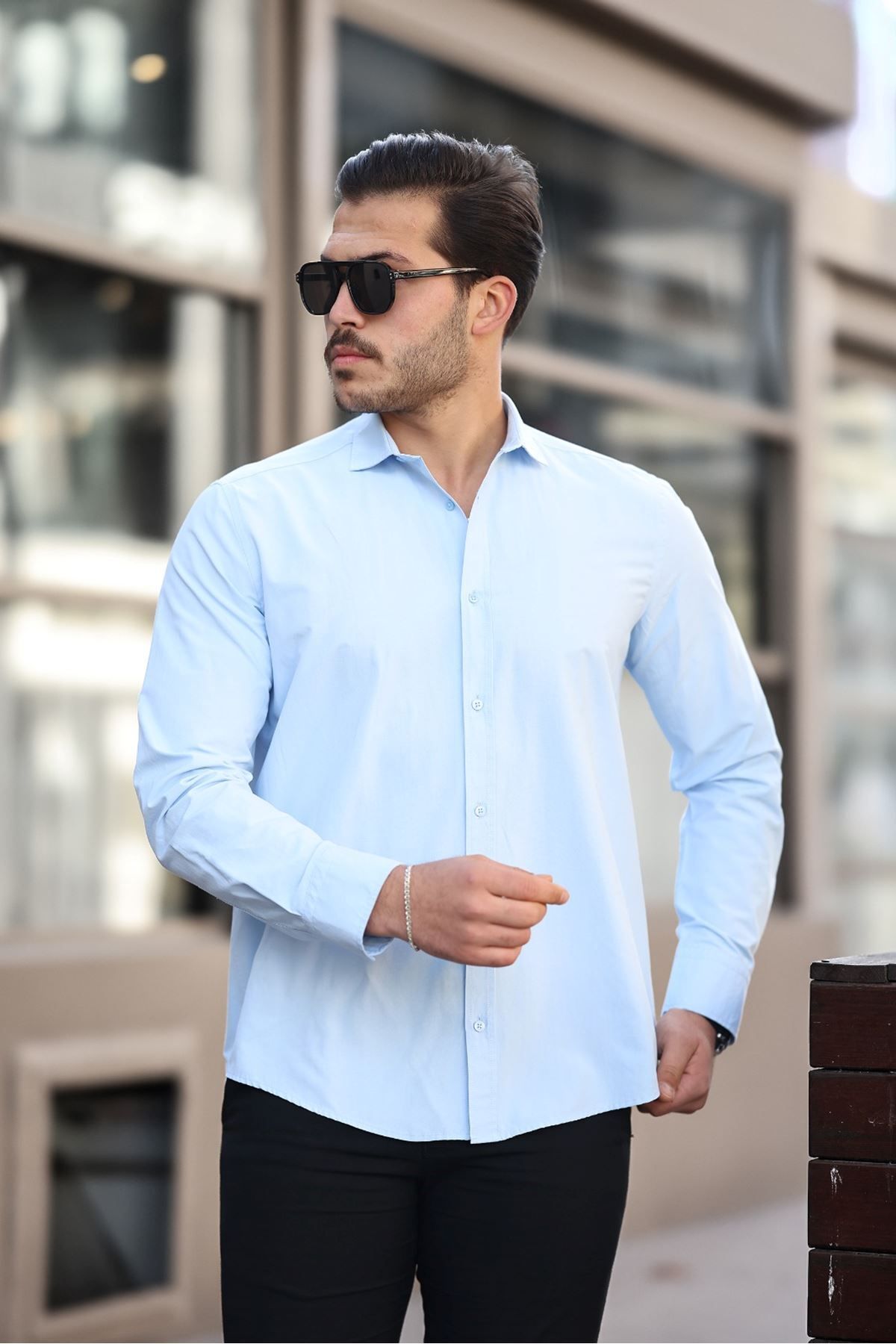 Shop58 Erkek Büyük Beden Pamuk Şamre Kumaş Cepsiz Açıkmavi Renk Gömlek