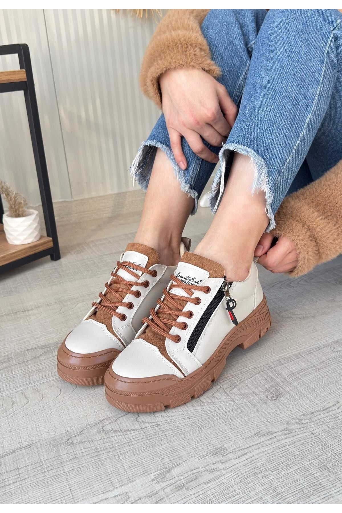 pabucmarketi Bej Suni Deri Taba Tabanlı Bağcıklı Kadın Sneaker Ayakkabı