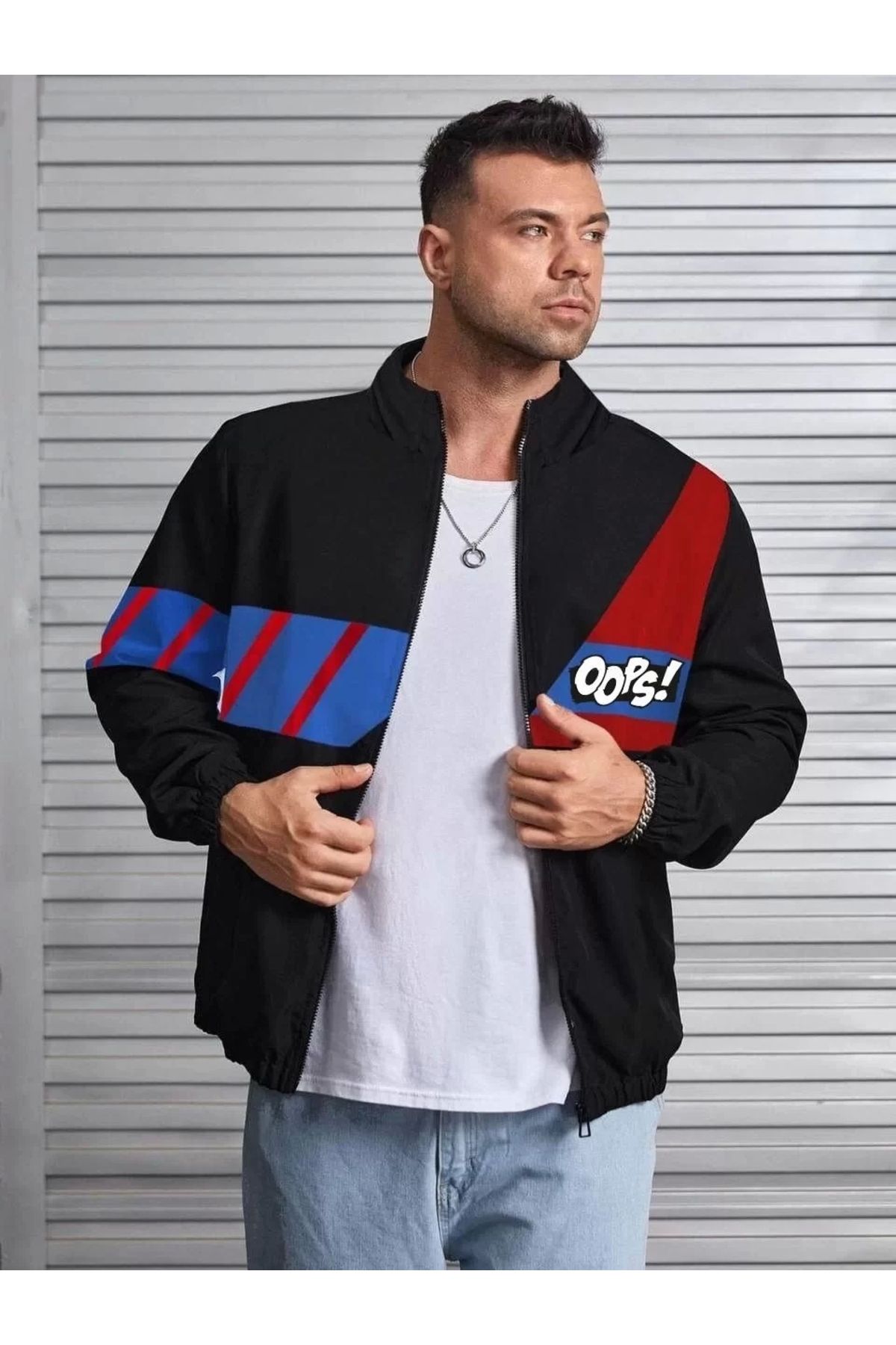 CVS Unisex Uzun Koll Fermuarlı Baskılı Rüzgarlik - Siyah