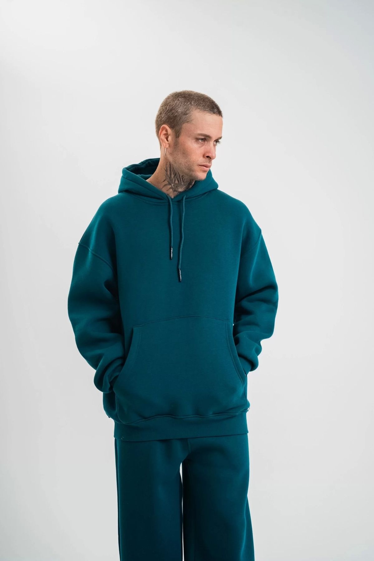 CVS Unisex Double Oversize Kapşonlu Basic SweatShirt - Koyu Deniz Yeşili
