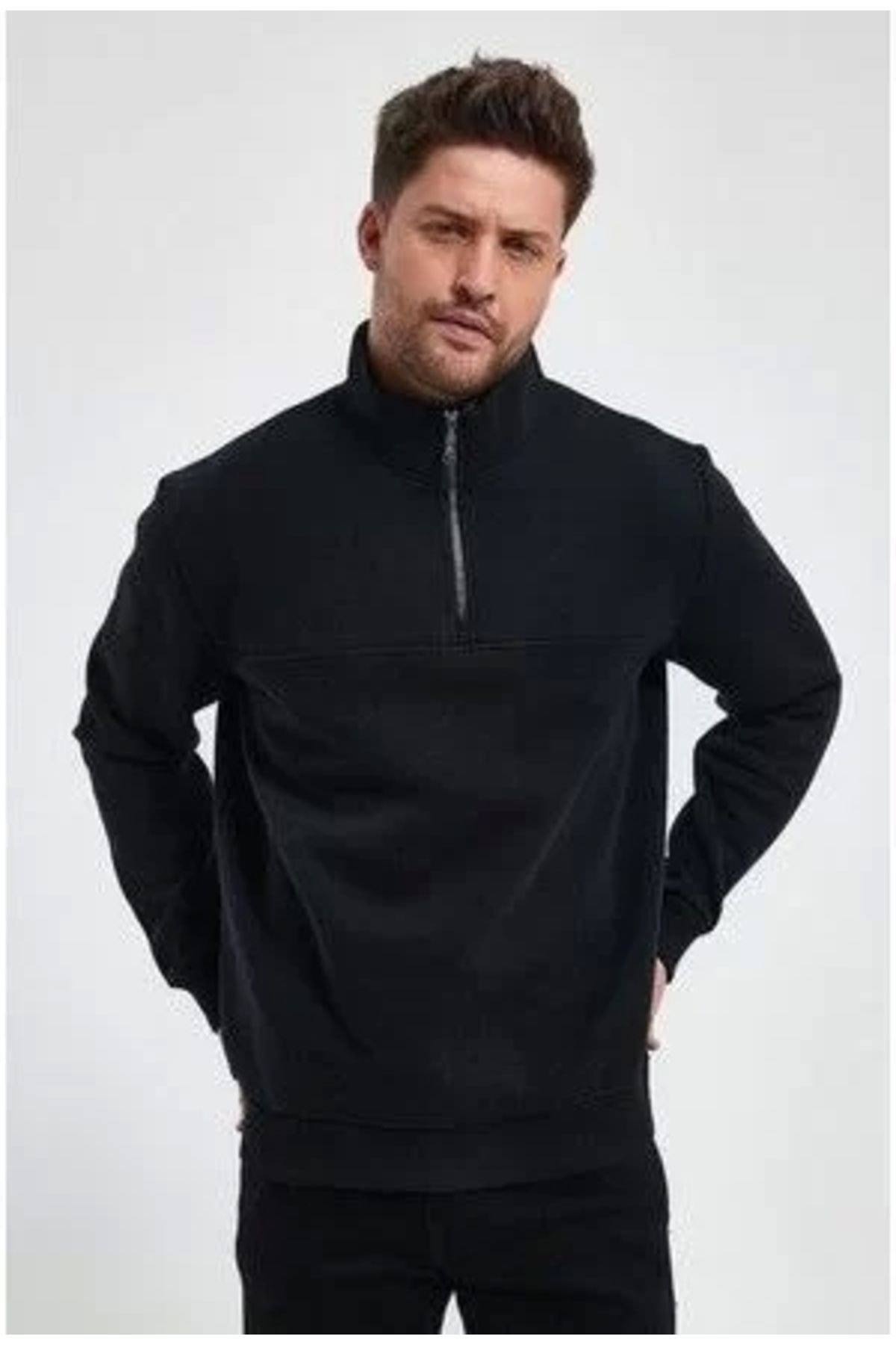 CVS Oversize Yarım Farmuarlı Yakalı Basic SweatShirt - Siyah