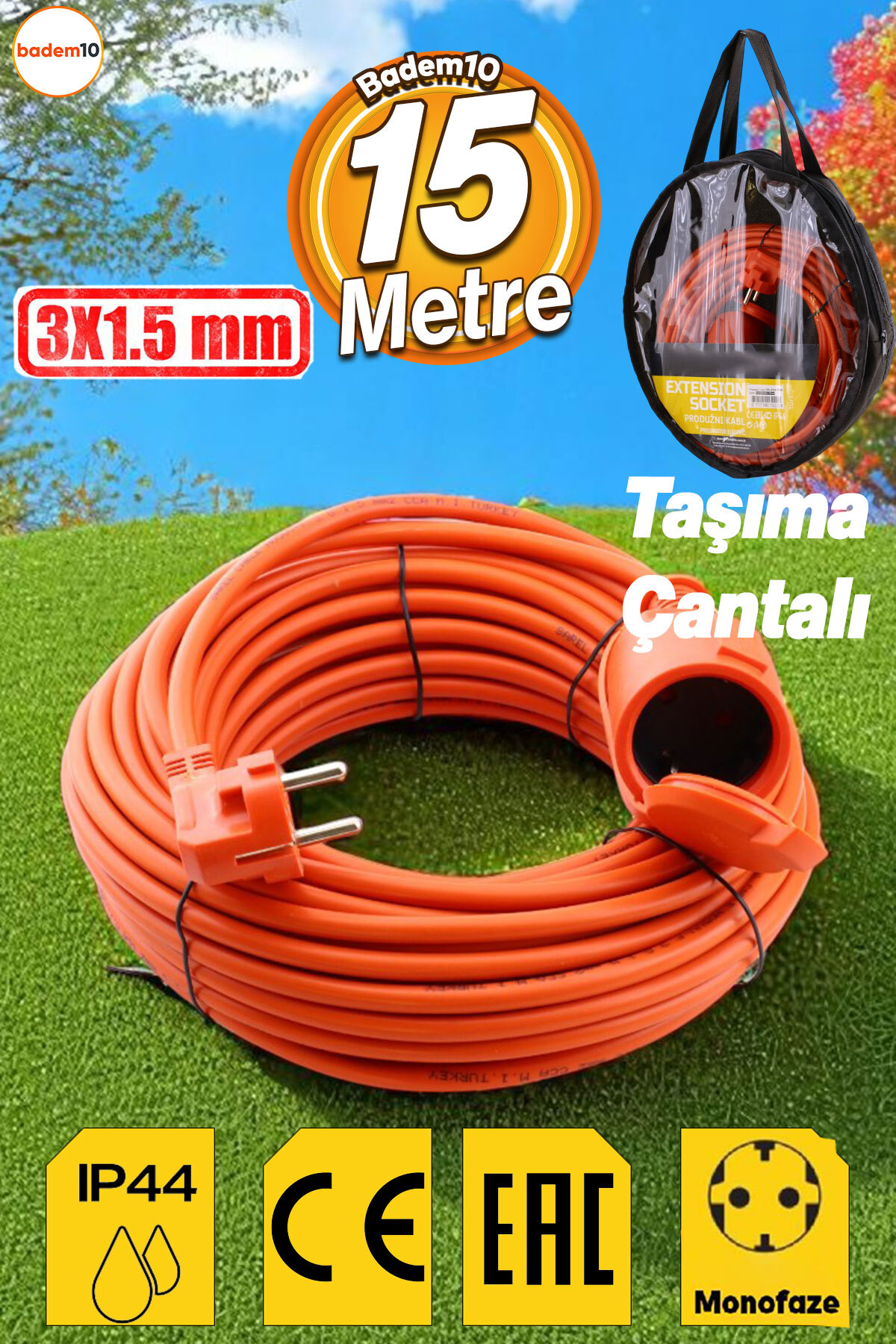 Badem10 Uzatma Kablosu 3x1.5 mm 15 METRE Tekli Grup Fiş Priz