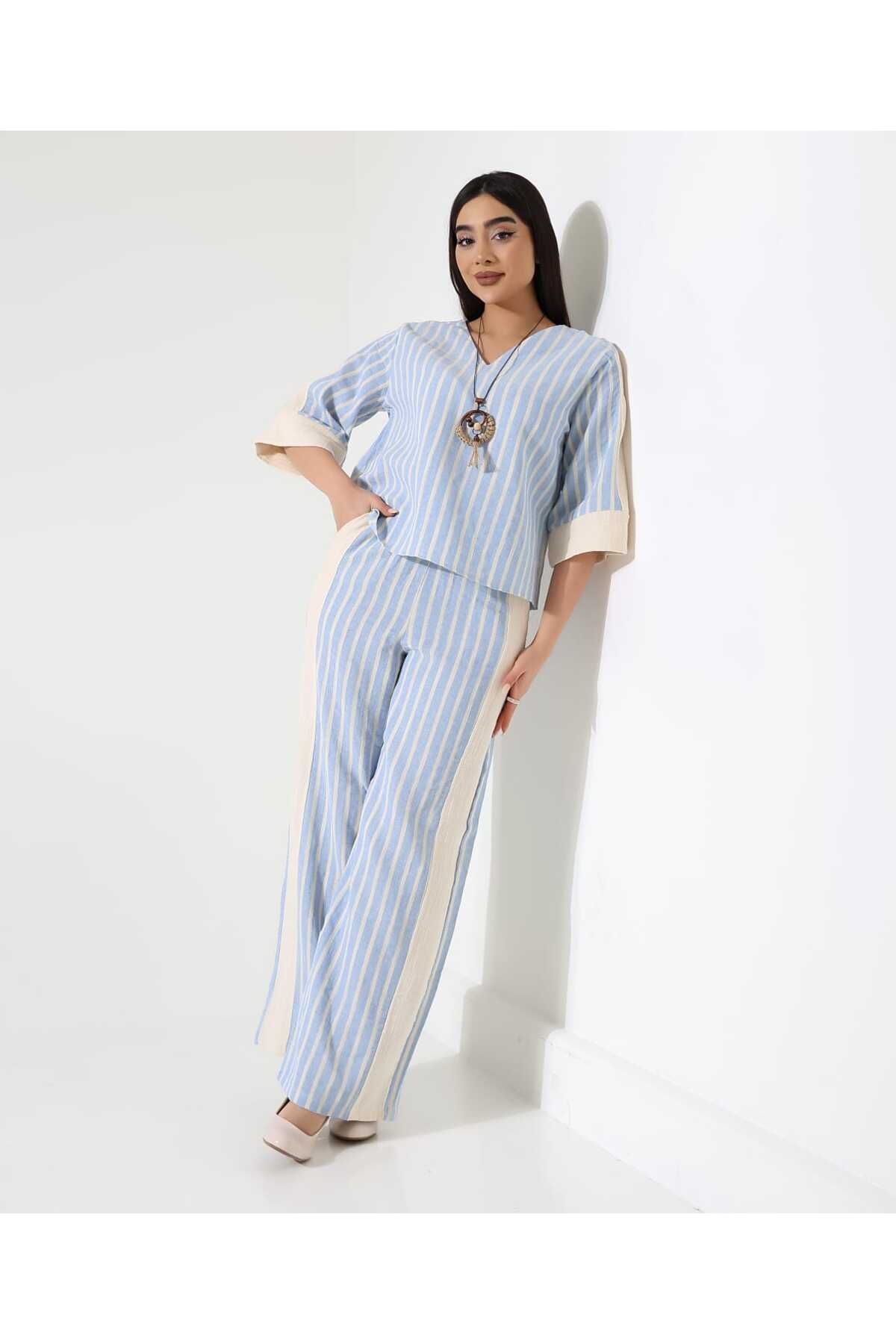 MODAGK Ham Keten Bohem Bluz Pantolon Takım