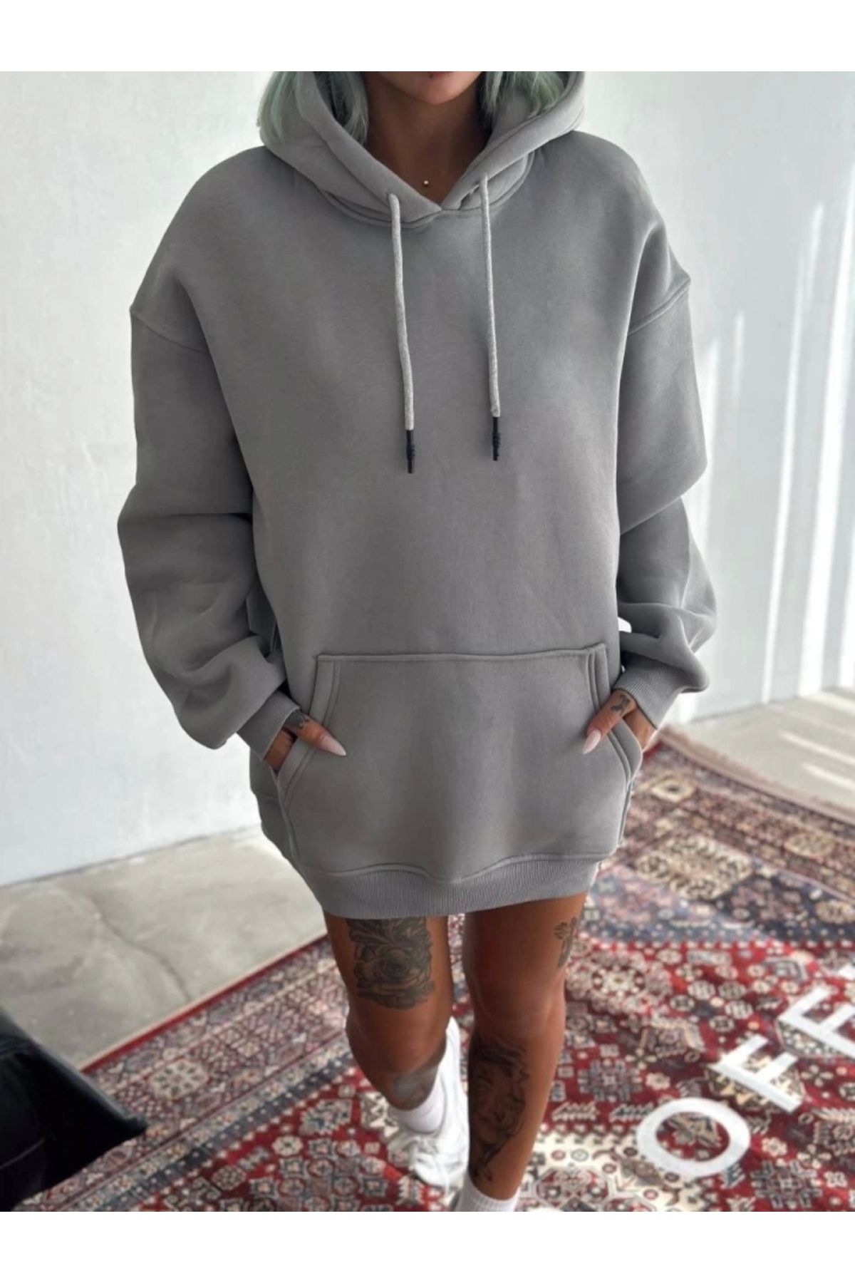nedo7 Kapşonlu Üç İplik Penye Basic SweatShirt - Boyalı Gri