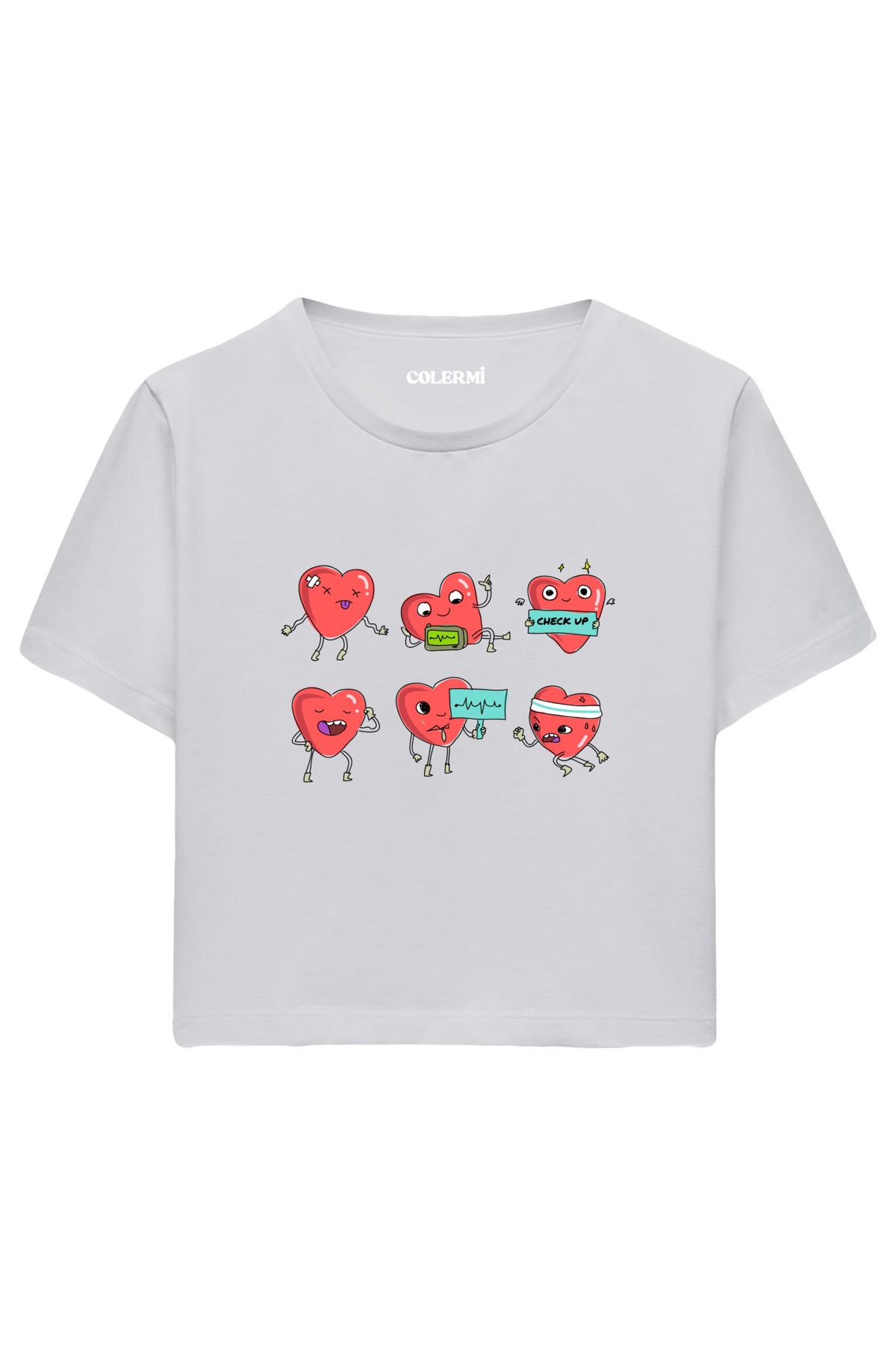 Colermi Sevimli Kalp Karakter Baskılı %100 Pamuk Kadın Crop Tshirt