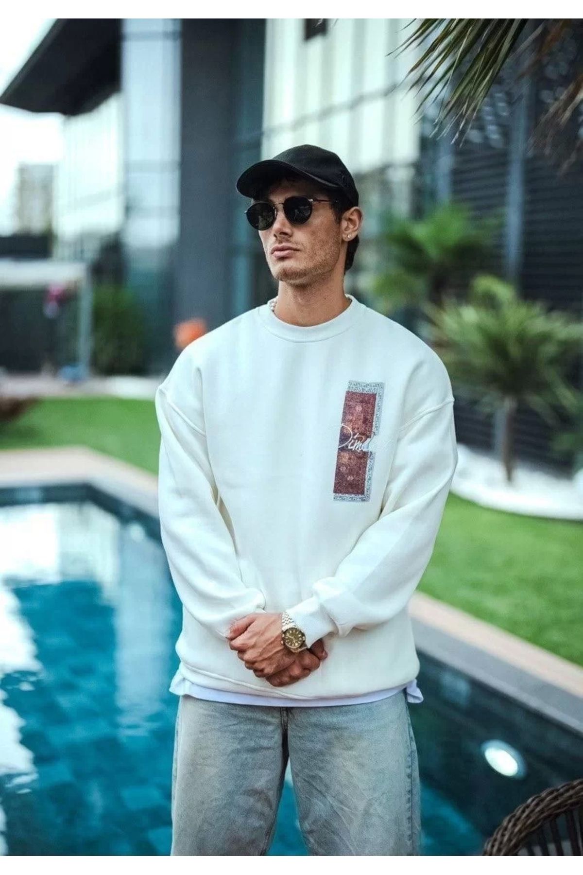 CVS Uzun Kol Bisiklet Yaka Ön ve Arka Baskılı SweatShirt - Beyaz