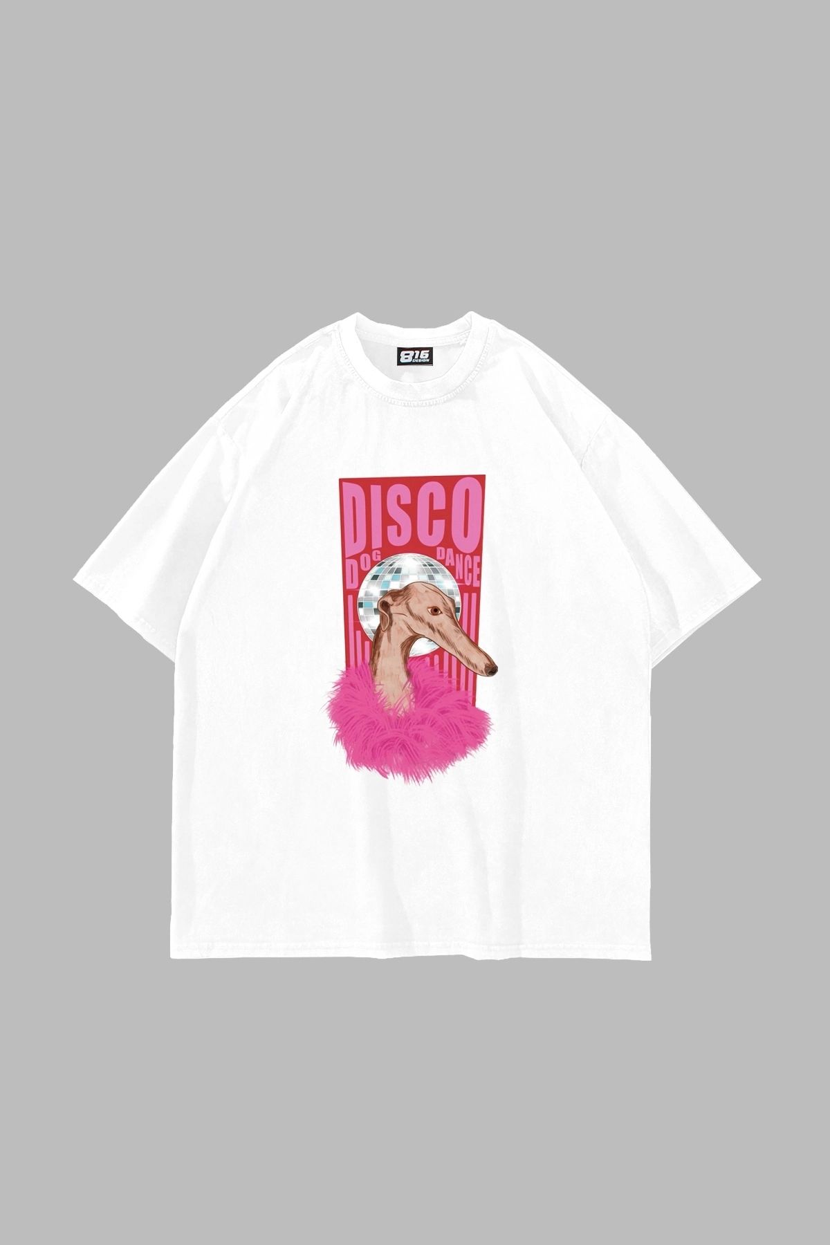 Sekizbiraltı Disco Dog Baskılı Oversize Unisex Beyaz Tshirt