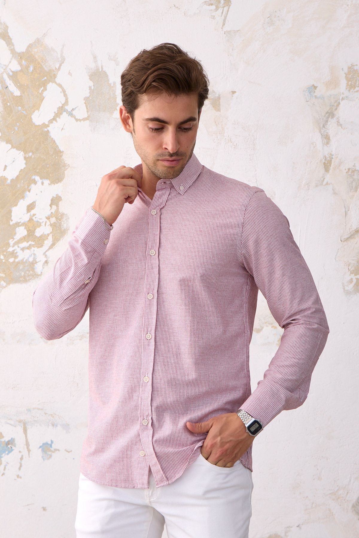 Yardalı Giza Erkek Kırmızı-Beyaz Keten Görünümlü Pamuklu Slim Fit Dar Kesim Düğmeli Yaka Çizgili Gömlek