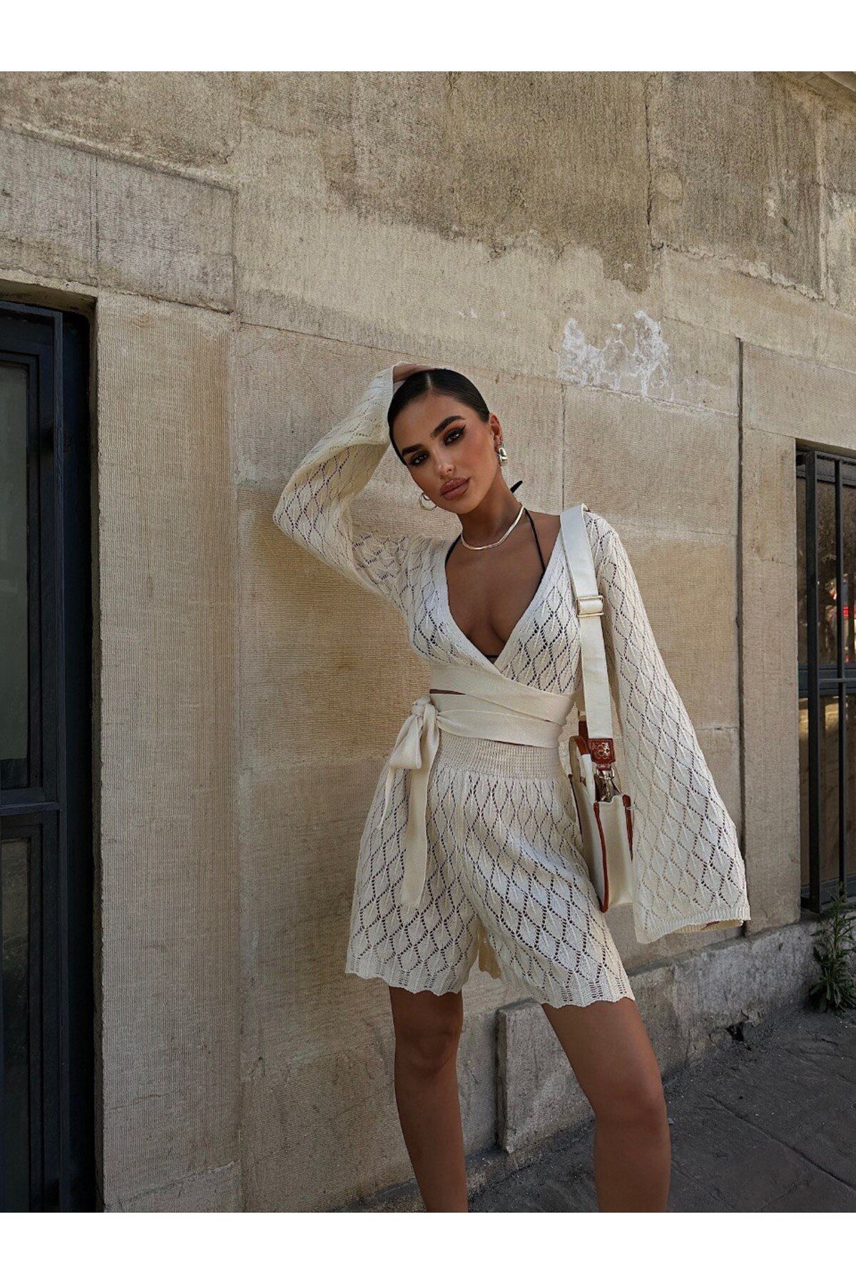 Gallogi Kadın Triko, Ajurlu Bluz-Şort Beachwear Takım