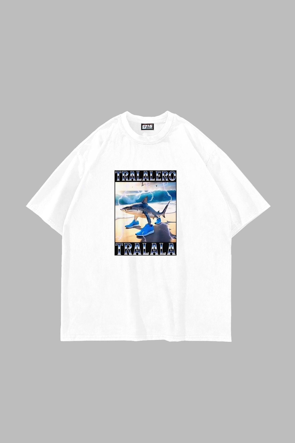 Sekizbiraltı Tralalero Tralala Baskılı Oversize Unisex Beyaz Tshirt