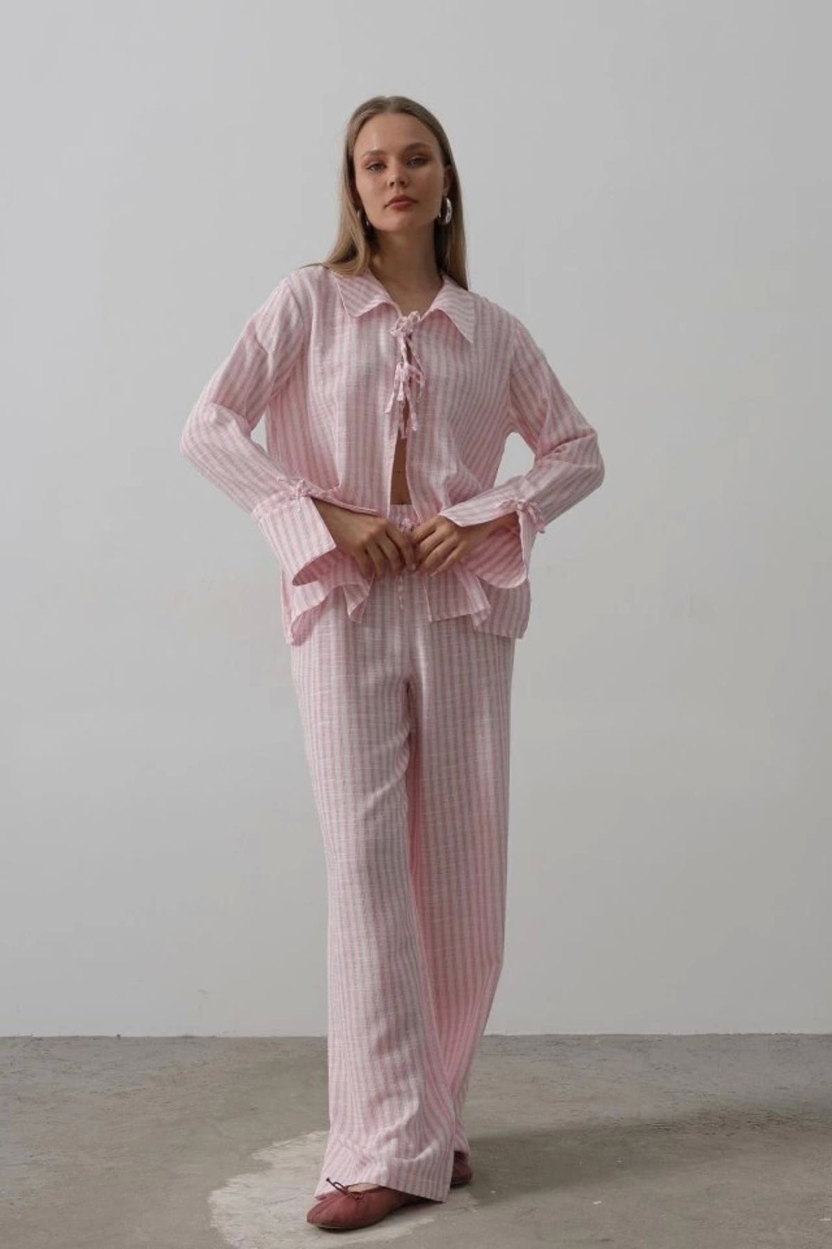 nedo7 Çzgili Bağlamalı Pantolon Takım - Pembe