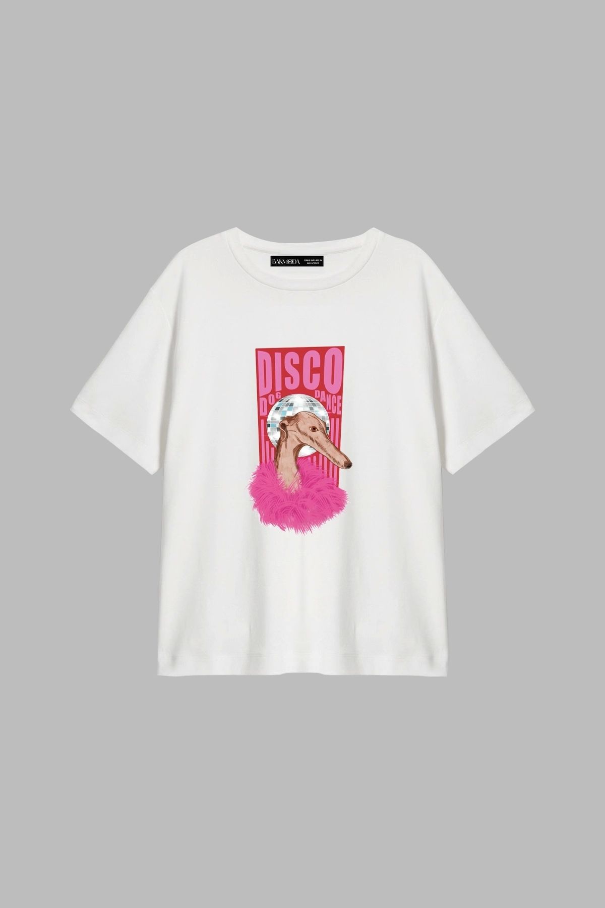 CİNEMA MODA Disco Dog Baskılı Relaxed Fit Beyaz Kadın Tshirt