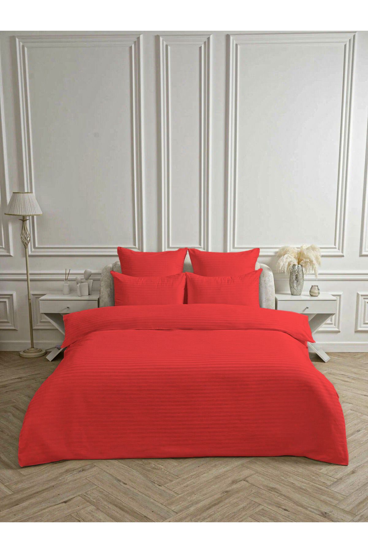 Bonny Home Line Kırmızı Pamuk Saten Çift Kişilik Nevresim Takımı Lastiksiz Çarşaflı 4 Parça Set