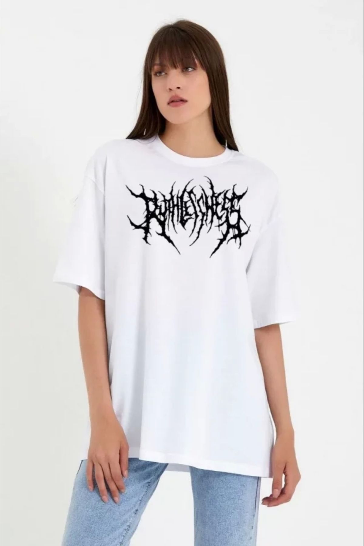 nedo7 Unisex Bisiklet Yaka Baskılı Oversize T-Shirt - Beyaz